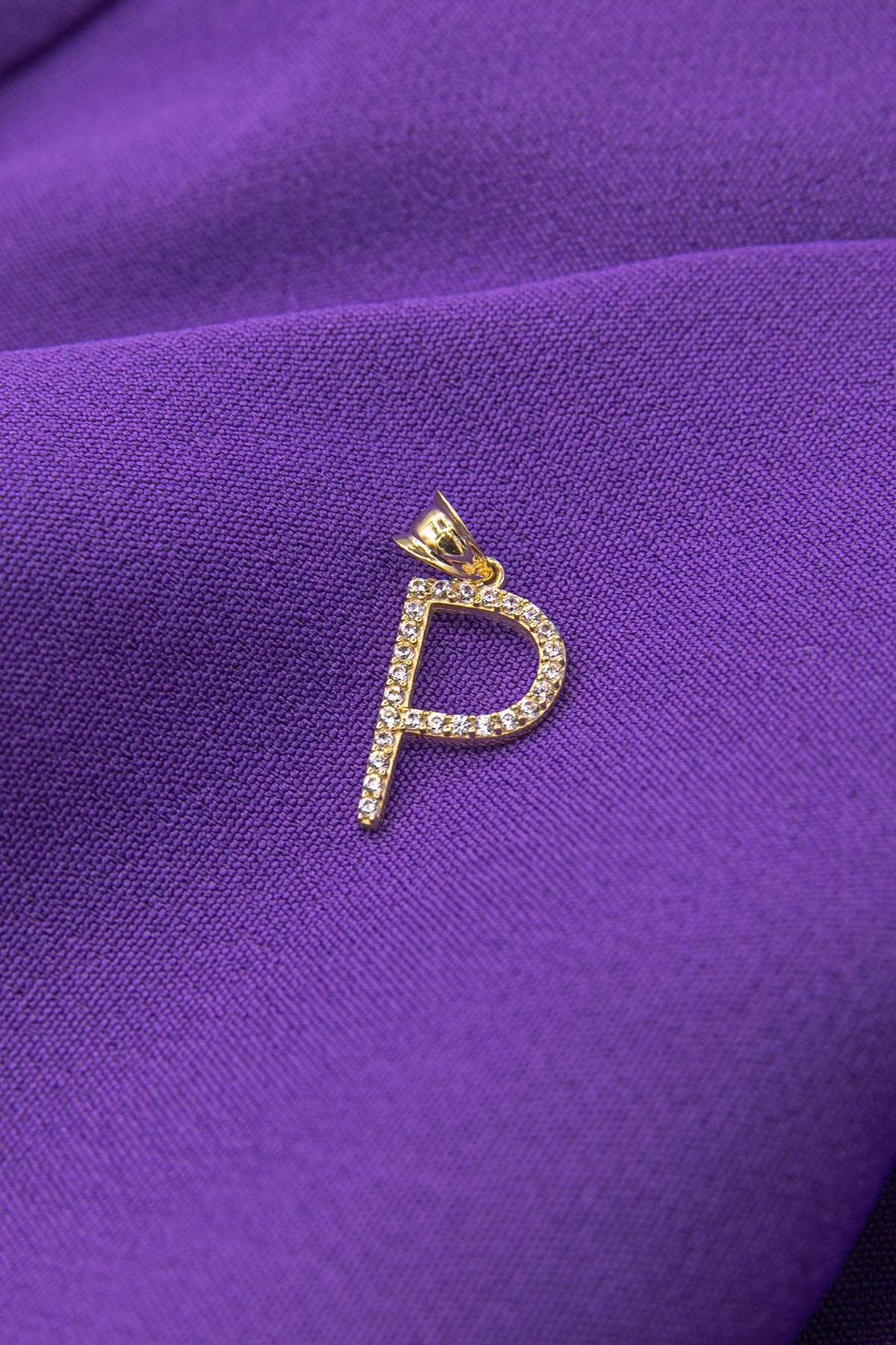 14K Gold Stone P Letter Charm
