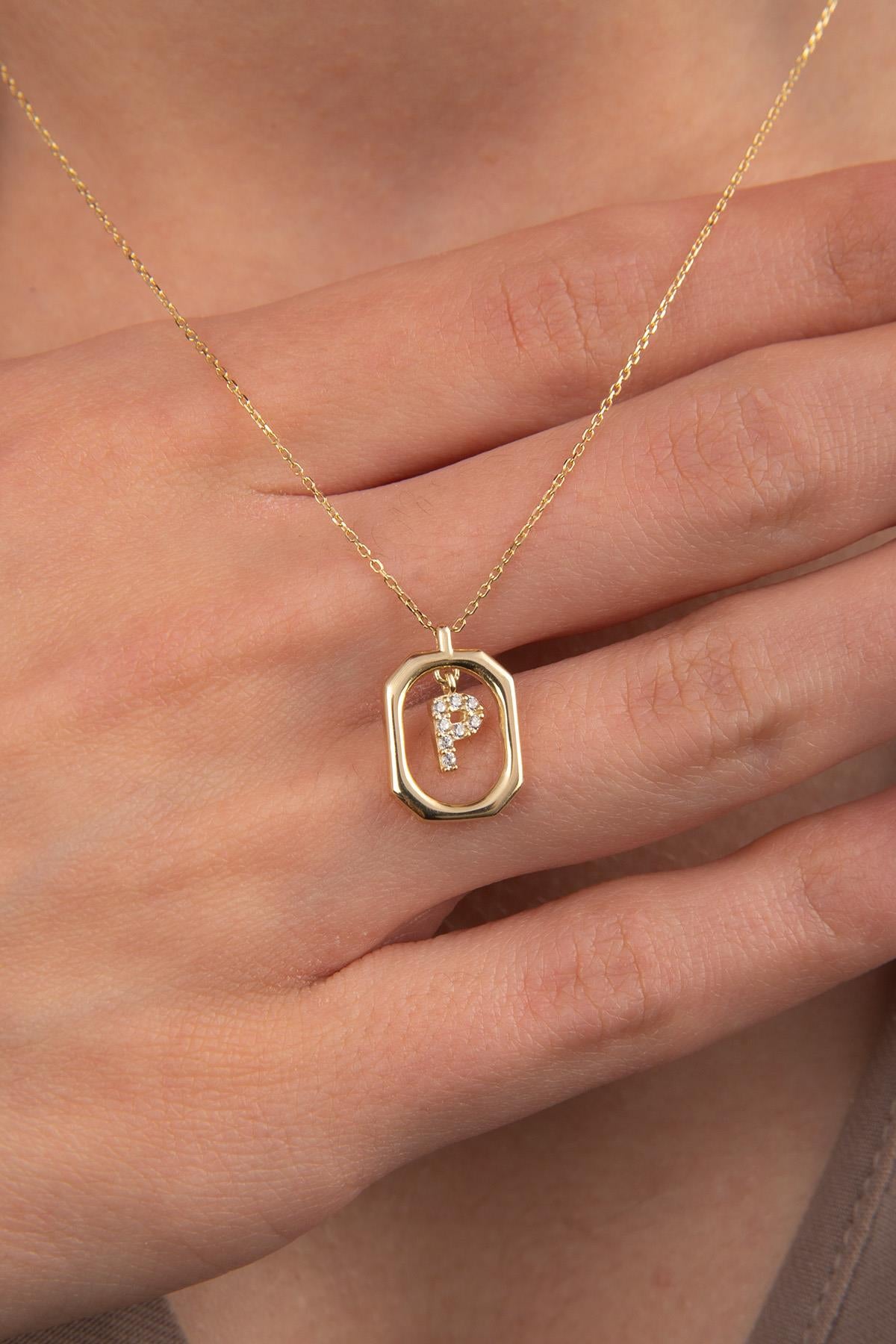 14K Gold Stone P Letter Necklace