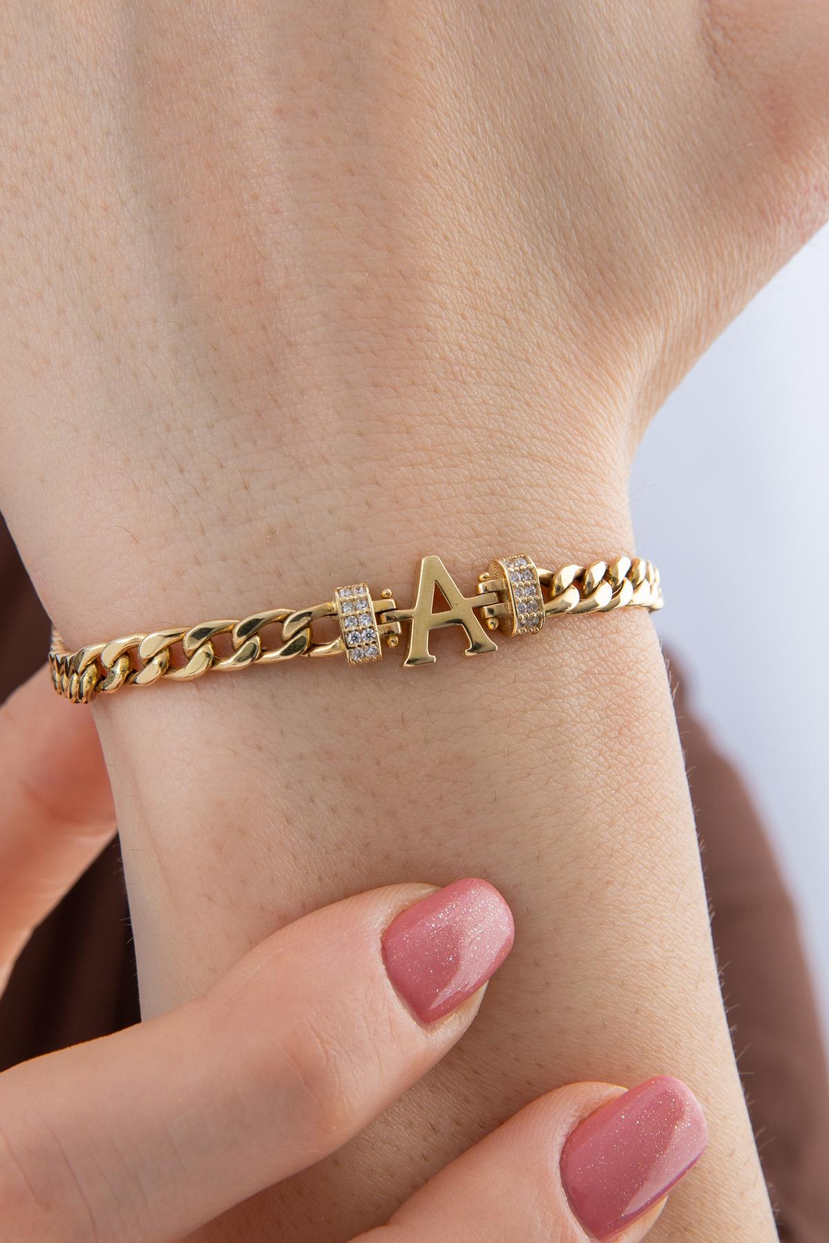 14K Gold Stone Personalized  A Initial Letter Bracelet