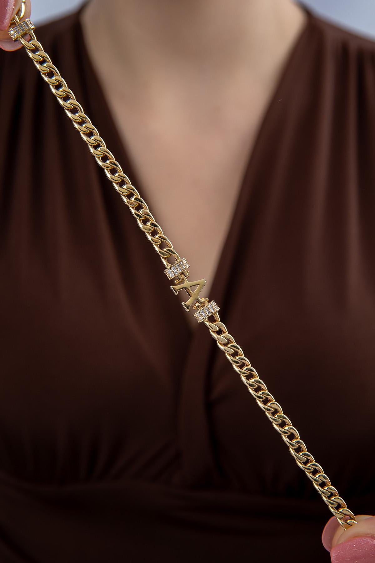 14K Gold Stone Personalized  A Initial Letter Bracelet