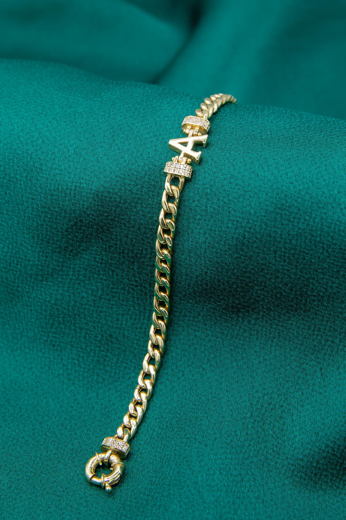 14K Gold Stone Personalized  A Initial Letter Bracelet