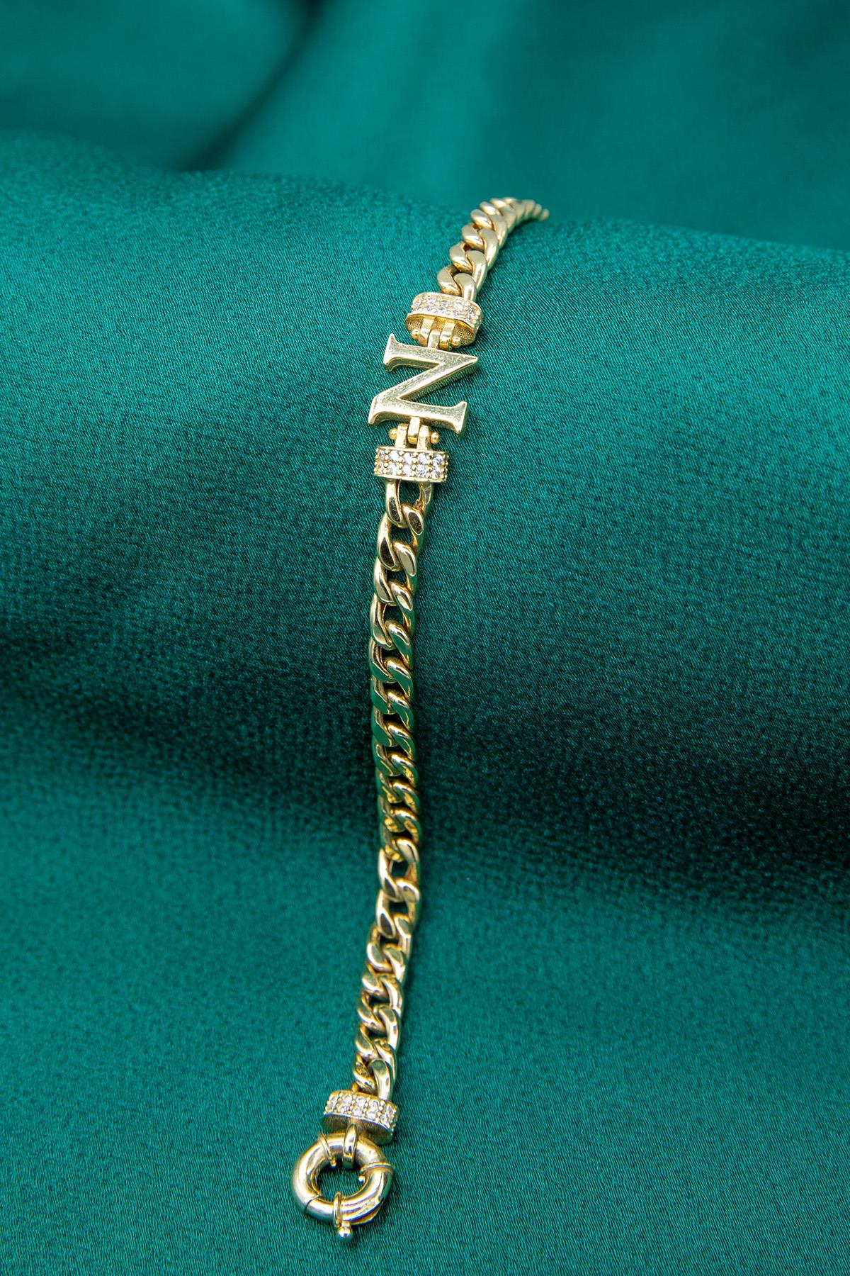 14K Gold Stone Personalized  N Initial Letter Bracelet