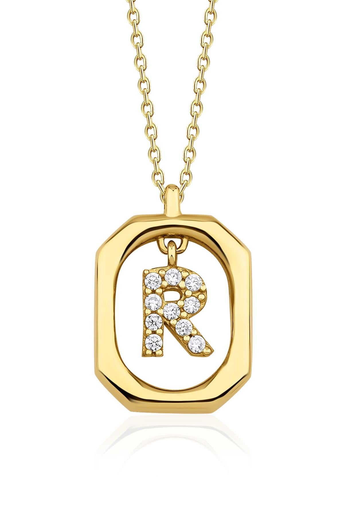 14K Gold Stone R Initial Necklace