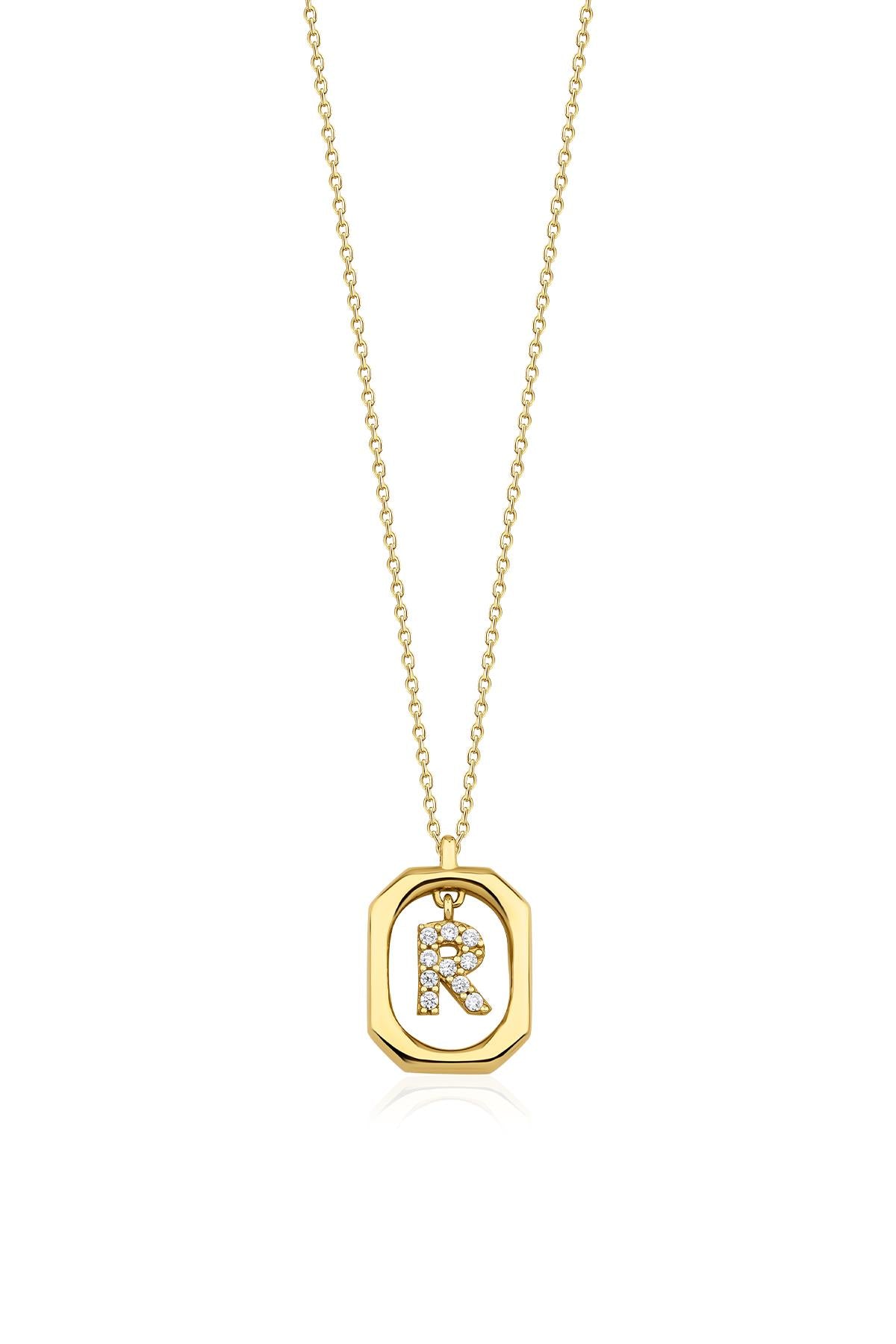 14K Gold Stone R Initial Necklace