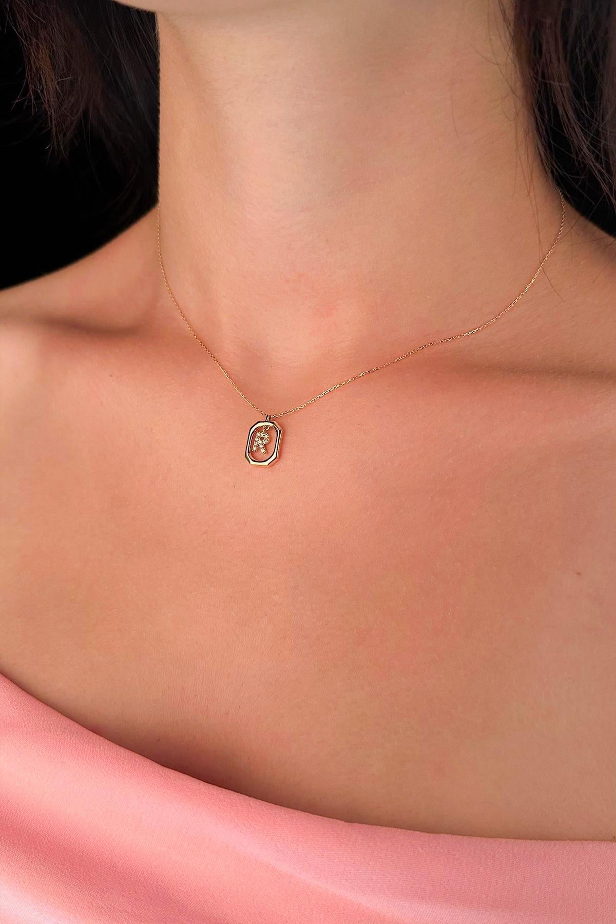 14K Gold Stone R Initial Necklace