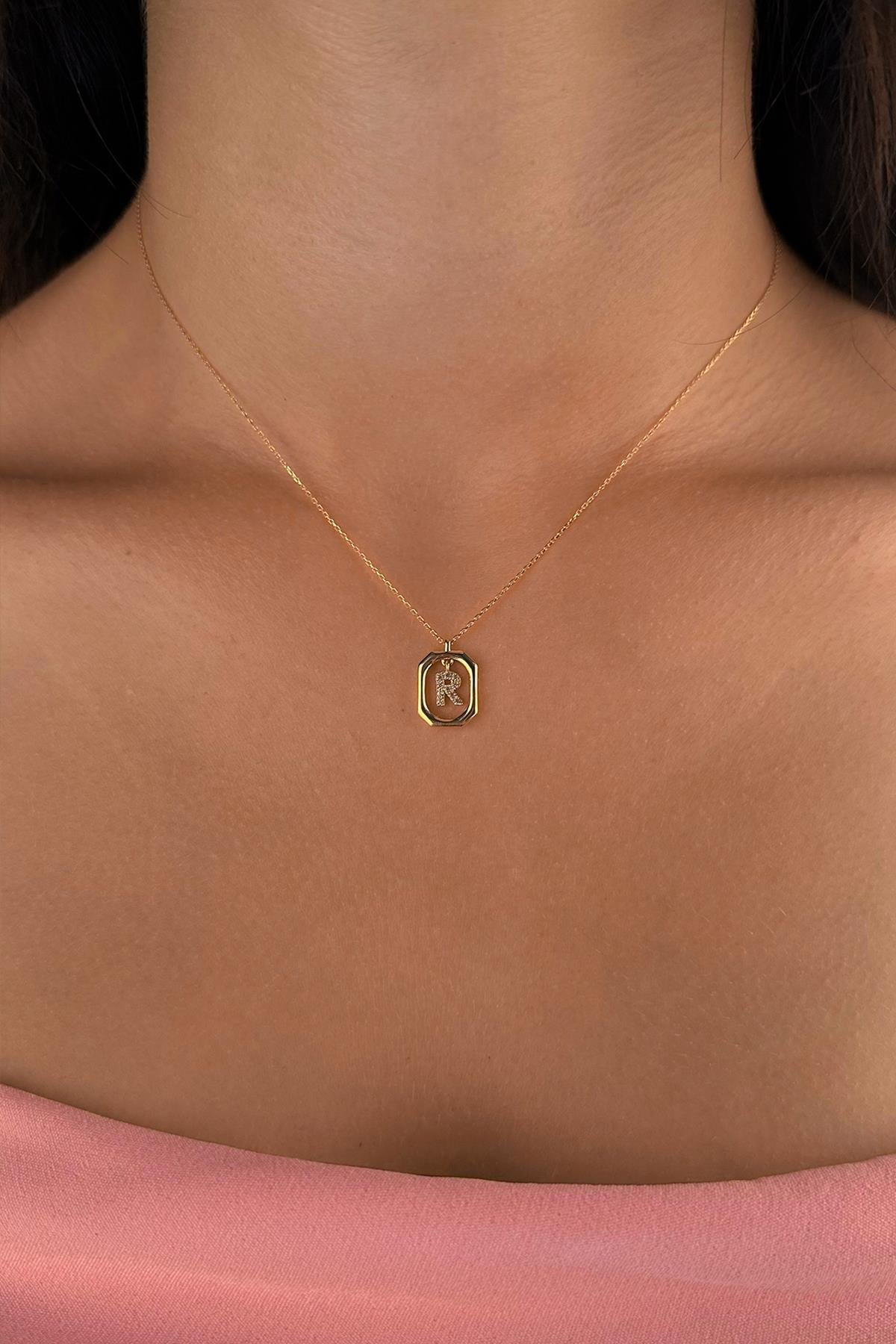 14K Gold Stone R Initial Necklace