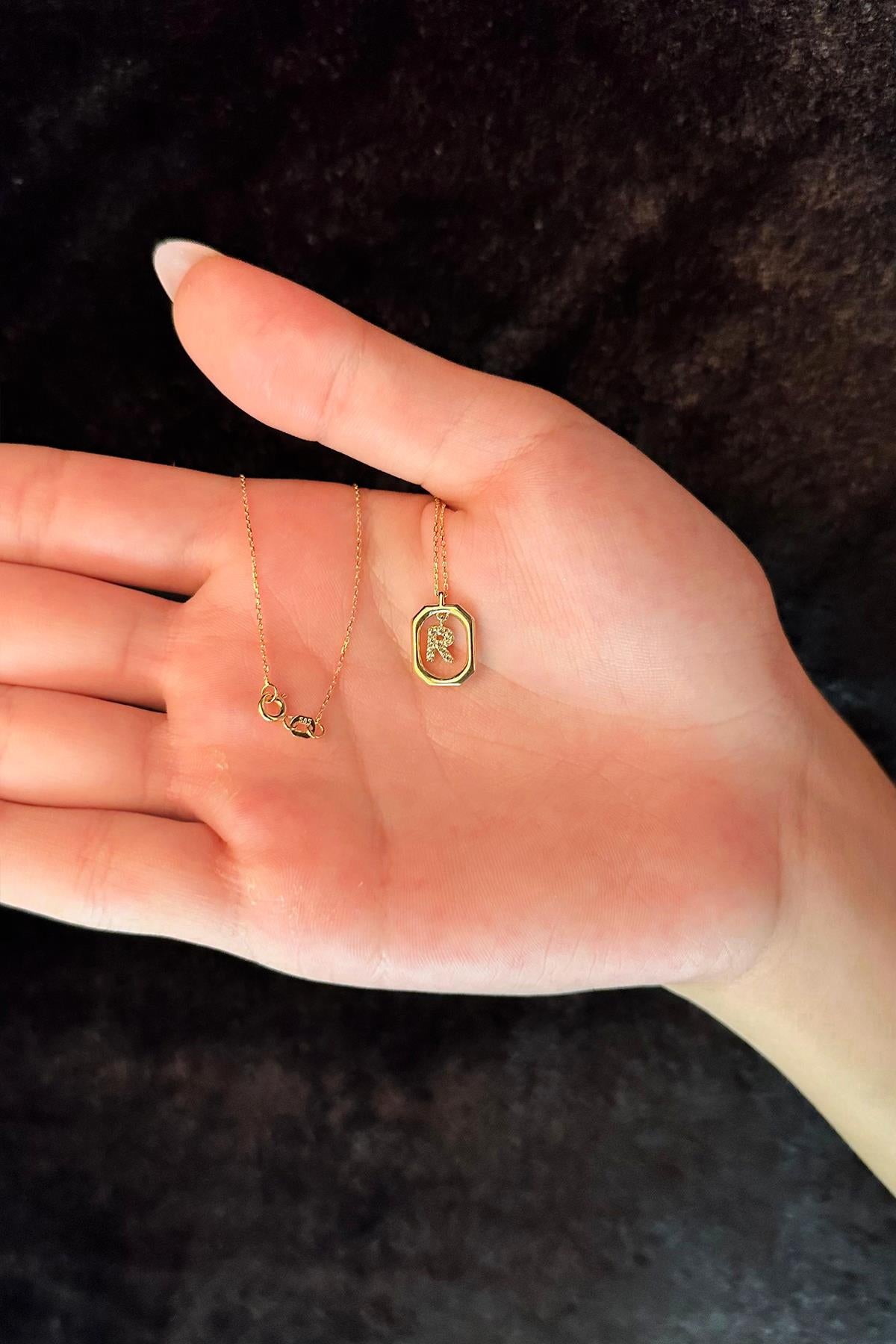 14K Gold Stone R Initial Necklace