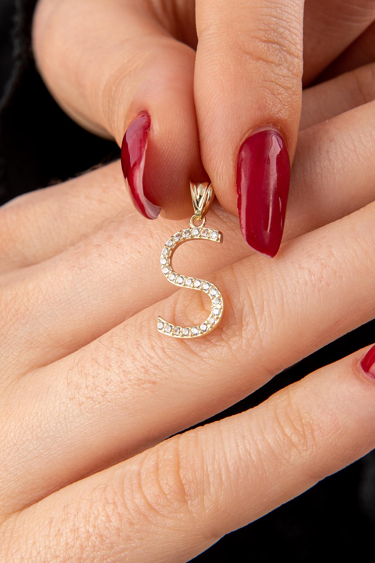 14K Gold Stone S Letter Charm