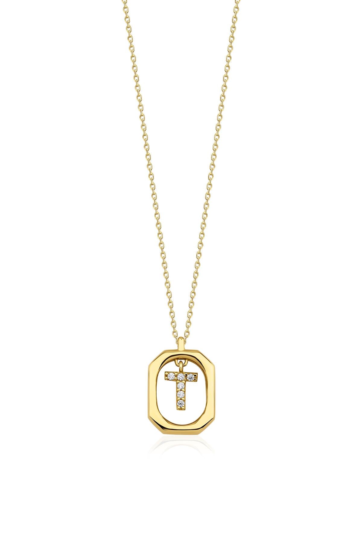 14K Gold Stone T Initial Necklace