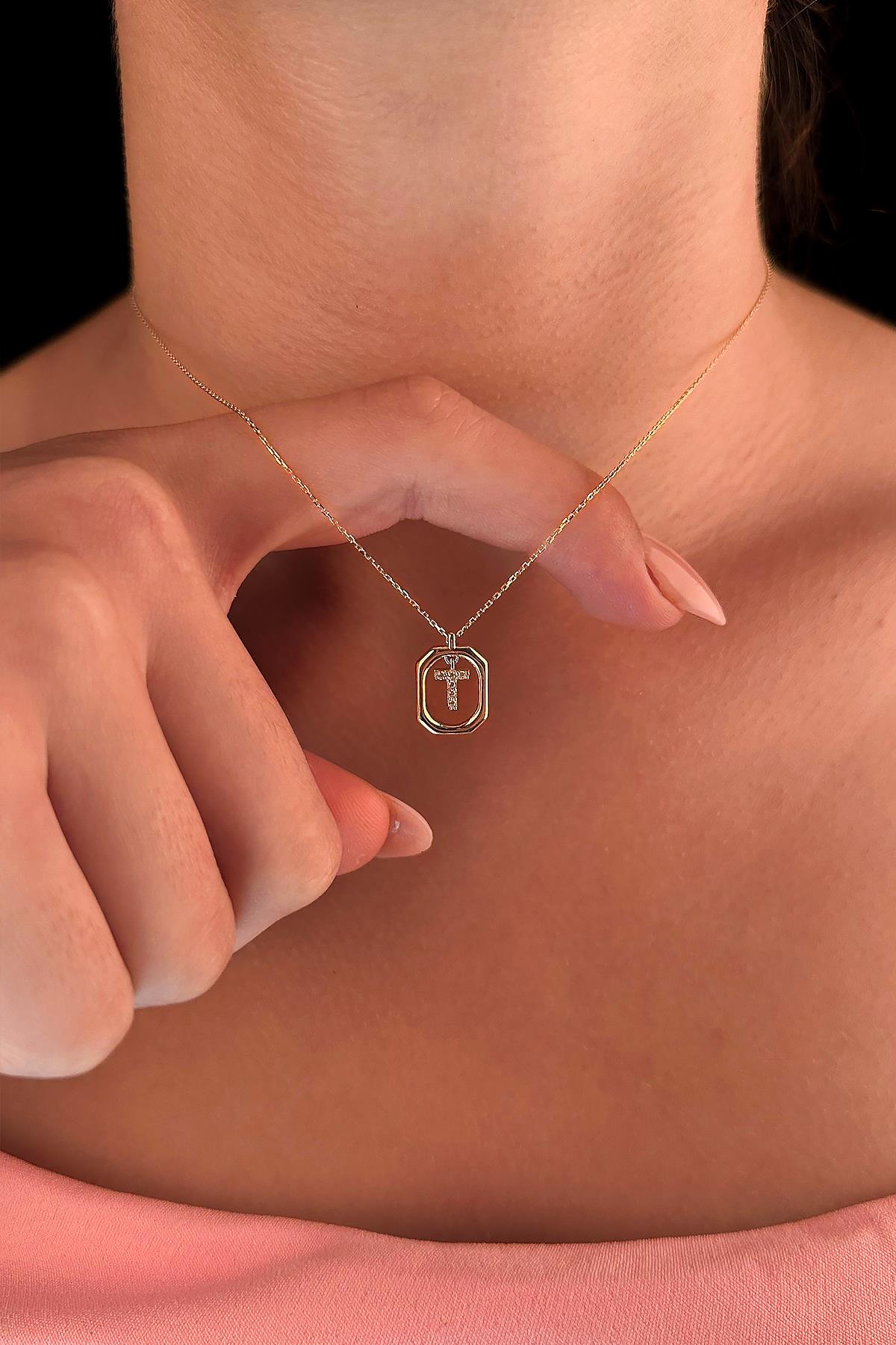 14K Gold Stone T Initial Necklace