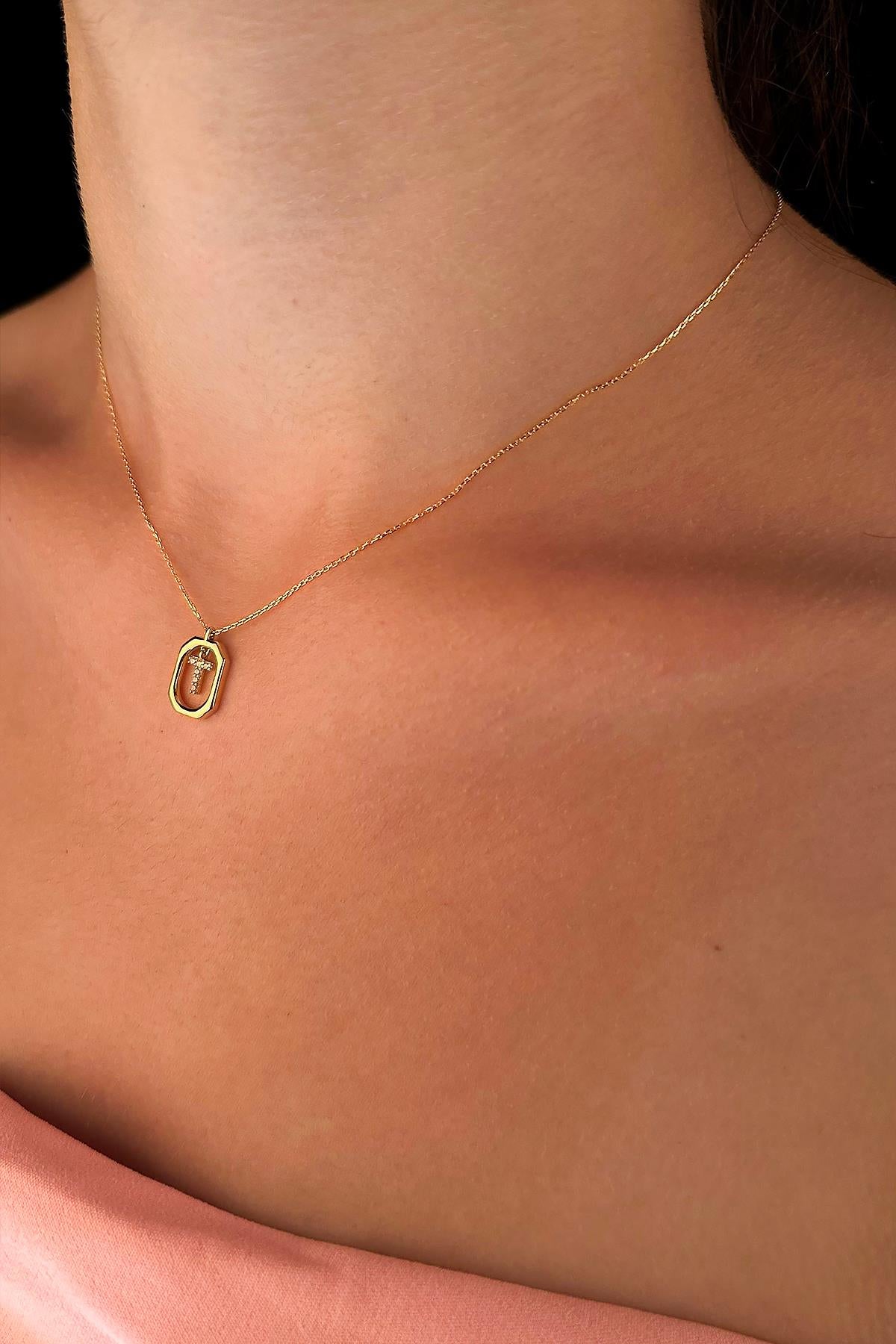 14K Gold Stone T Initial Necklace