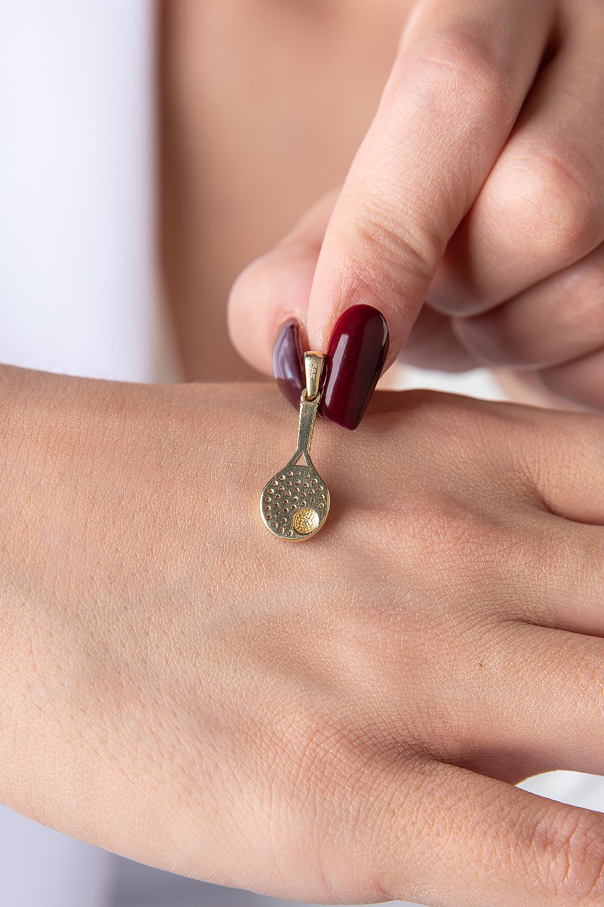 14K Gold Stone Tennis Racket Pendant