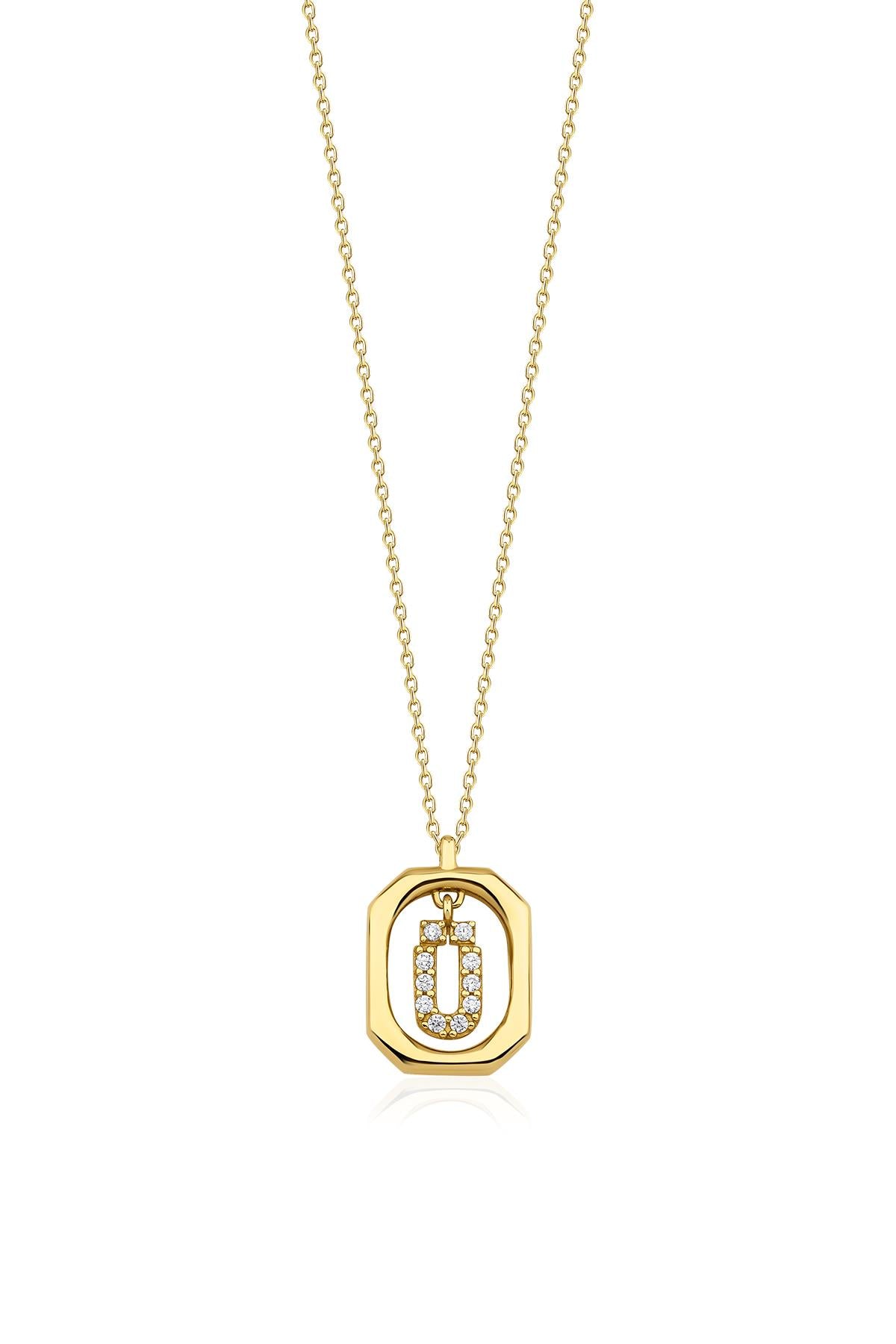 14K Gold Stone Ü Initial Necklace