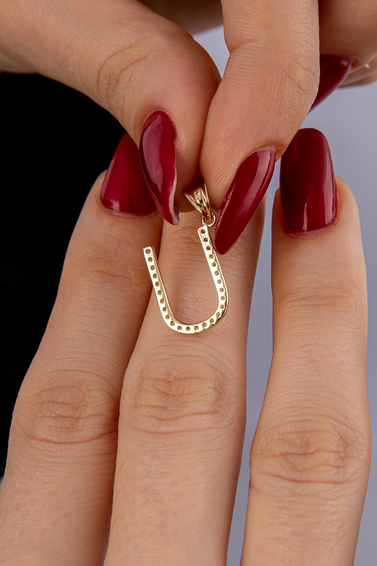 14K Gold Stone U Letter Charm