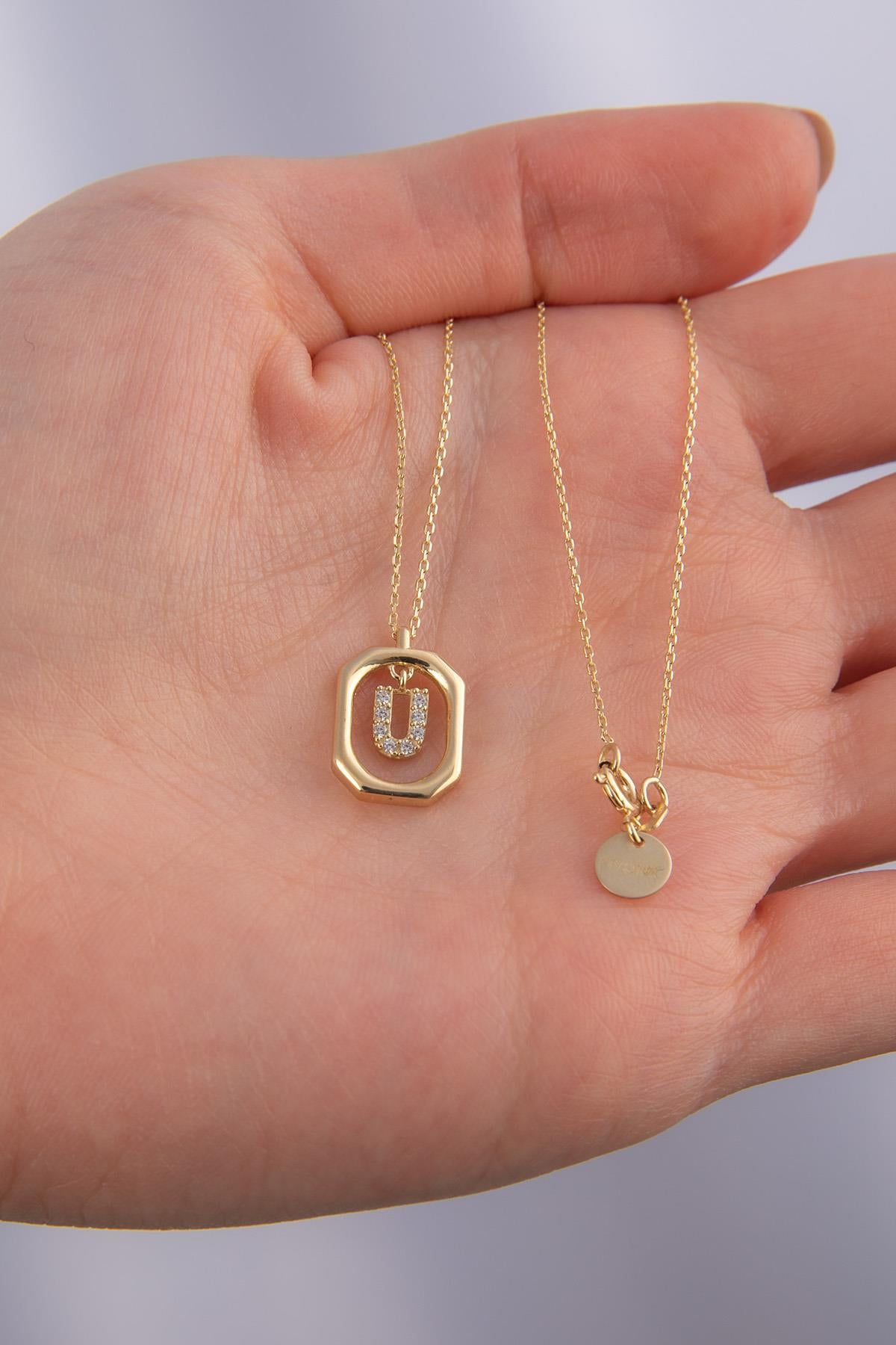 14K Solid Gold Stone U Letter Necklace