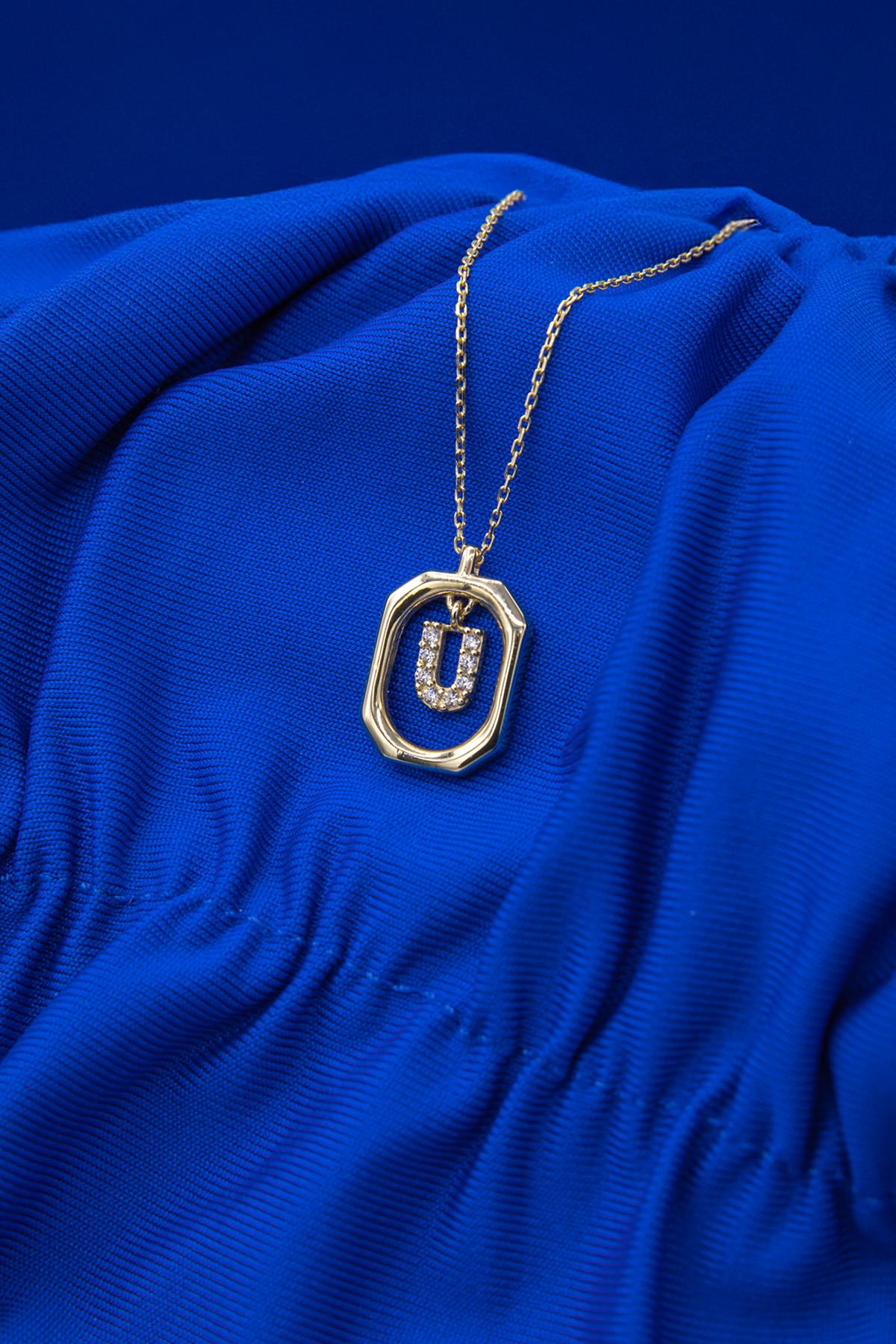 14K Solid Gold Stone U Letter Necklace