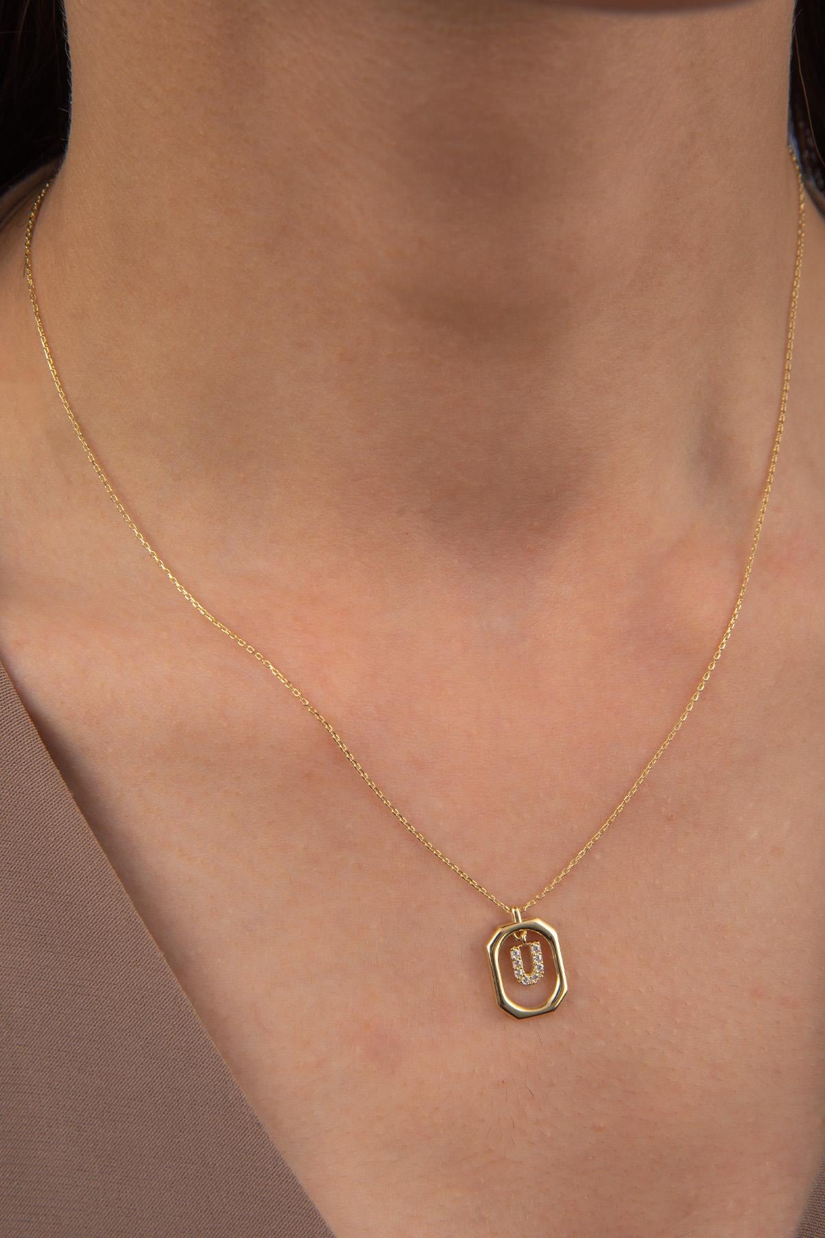 14K Gold Stone U Letter Necklace