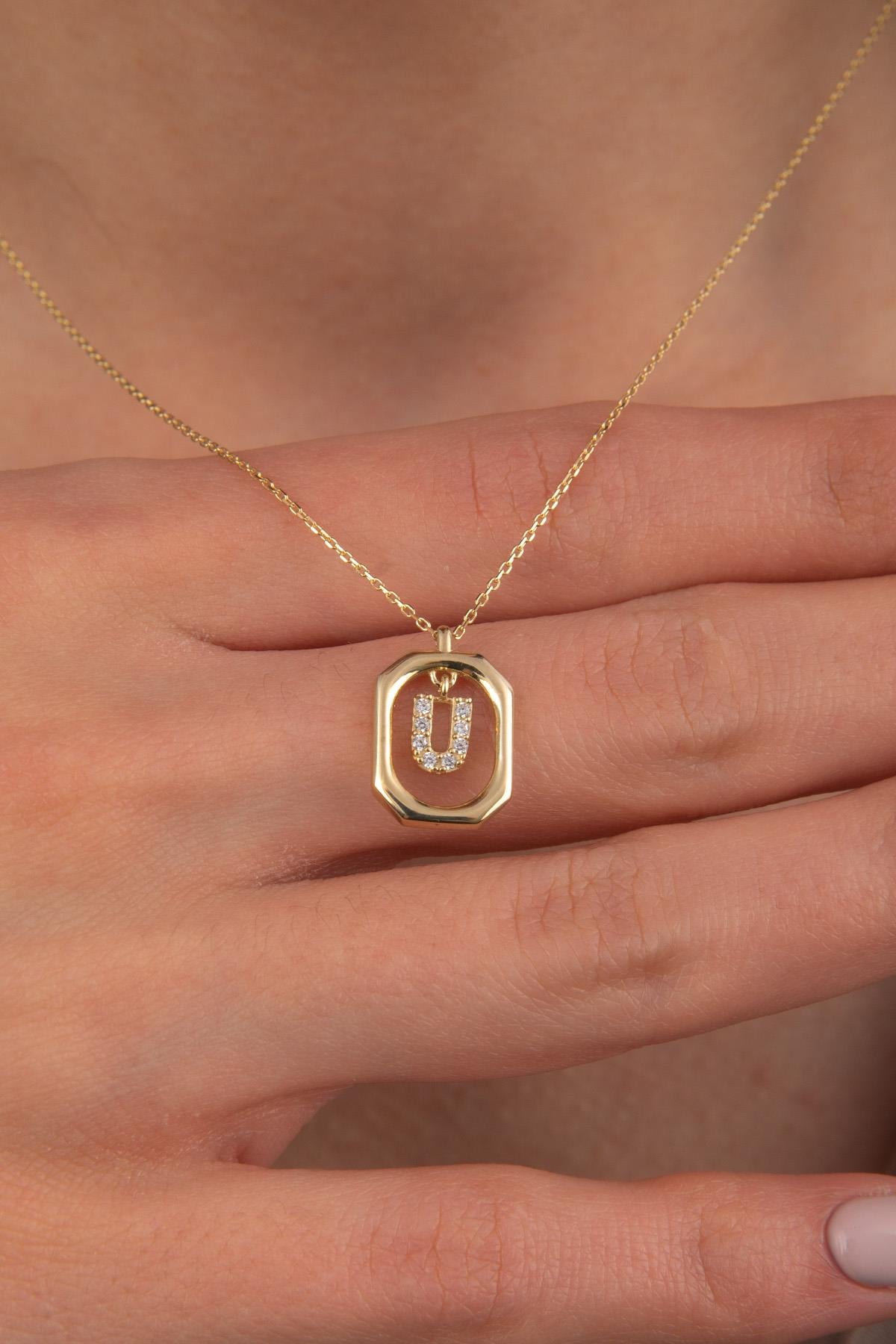 14K Gold Stone U Letter Necklace