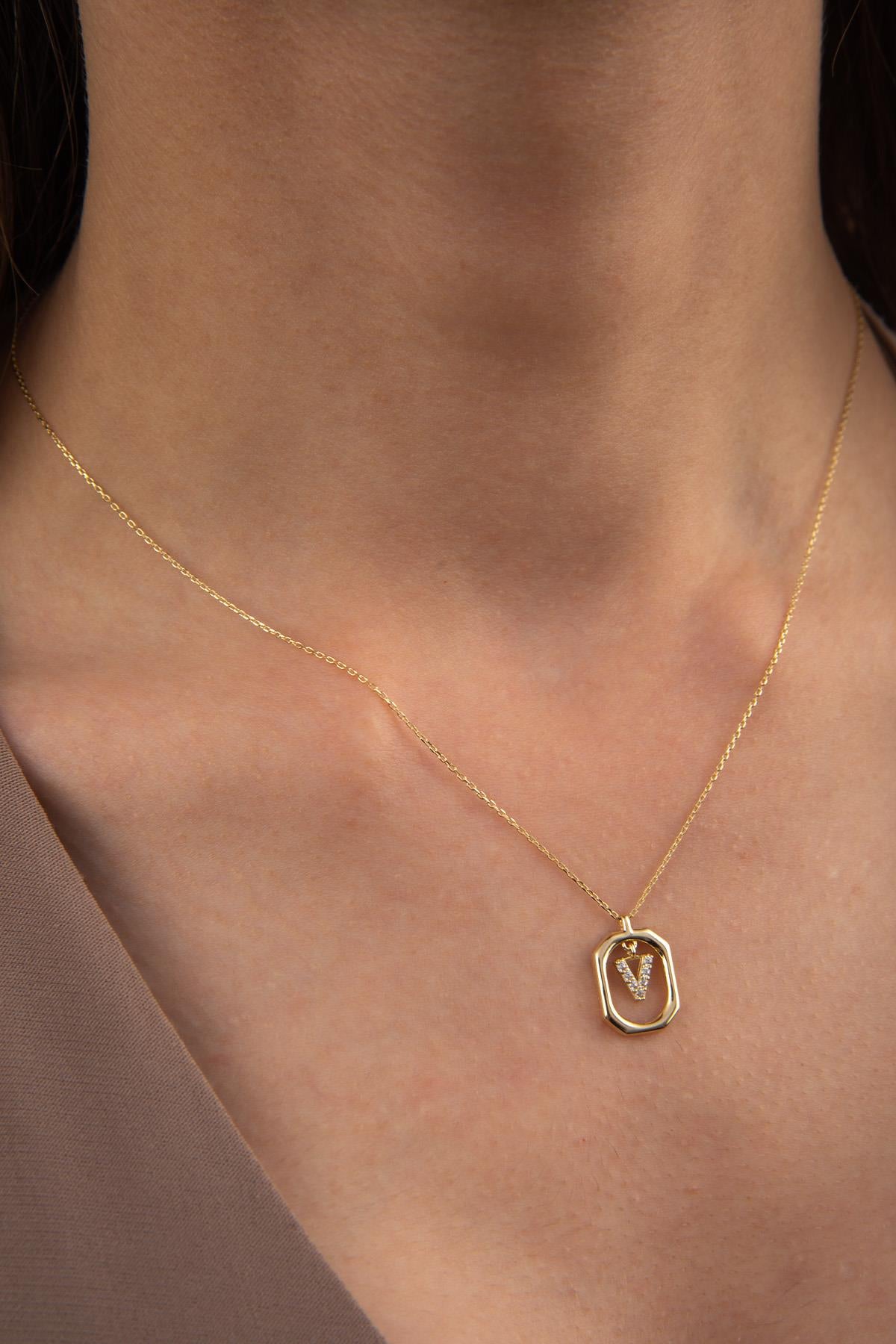 14K Gold Stone V Letter Necklace