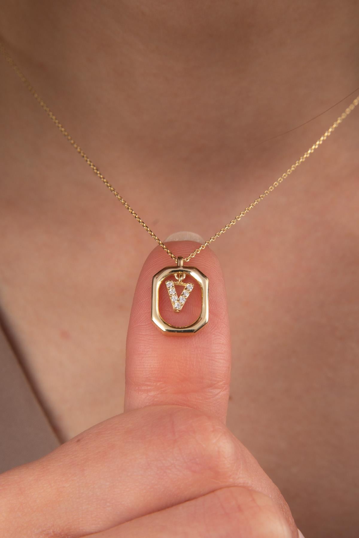 14K Gold Stone V Letter Necklace