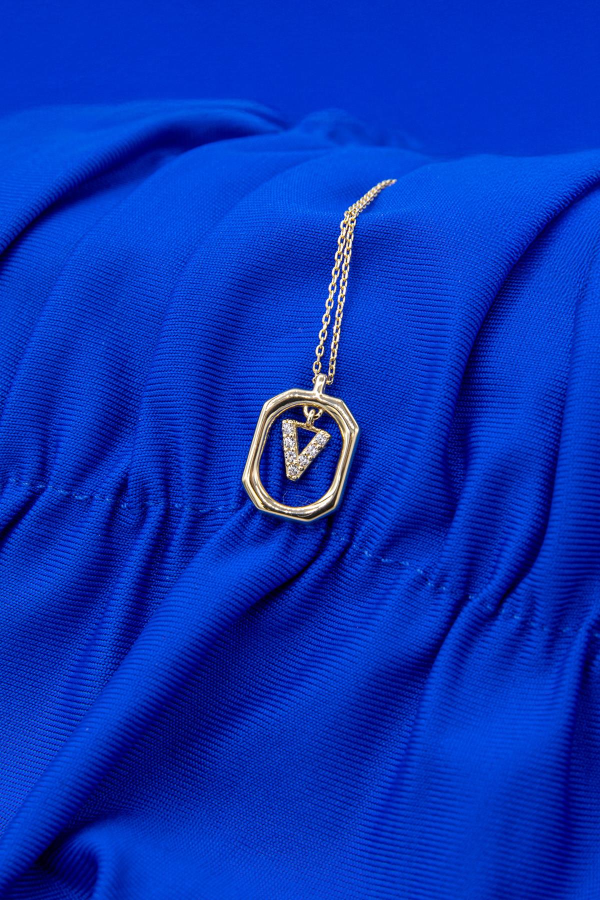 14K Gold Stone V Letter Necklace