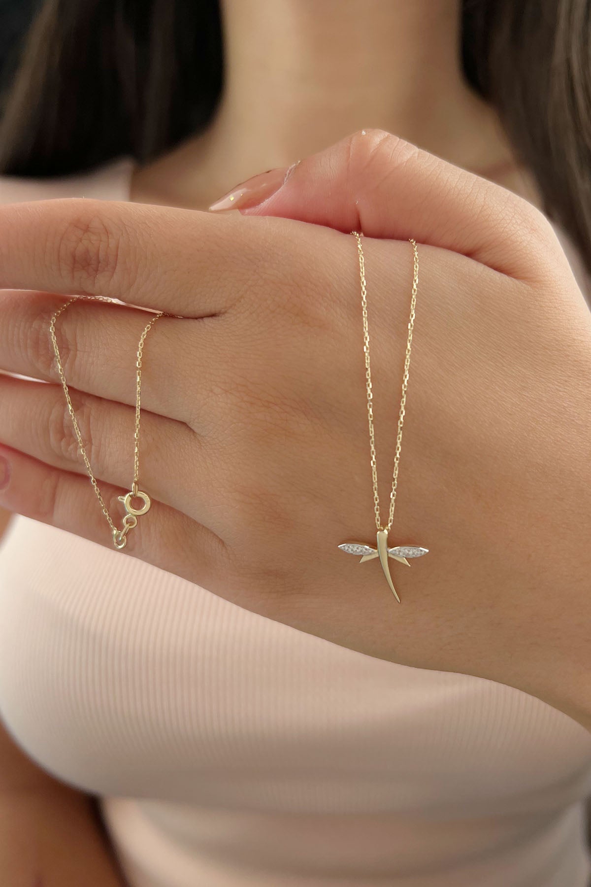 14K Gold Stone Wings Dragonfly  Necklace