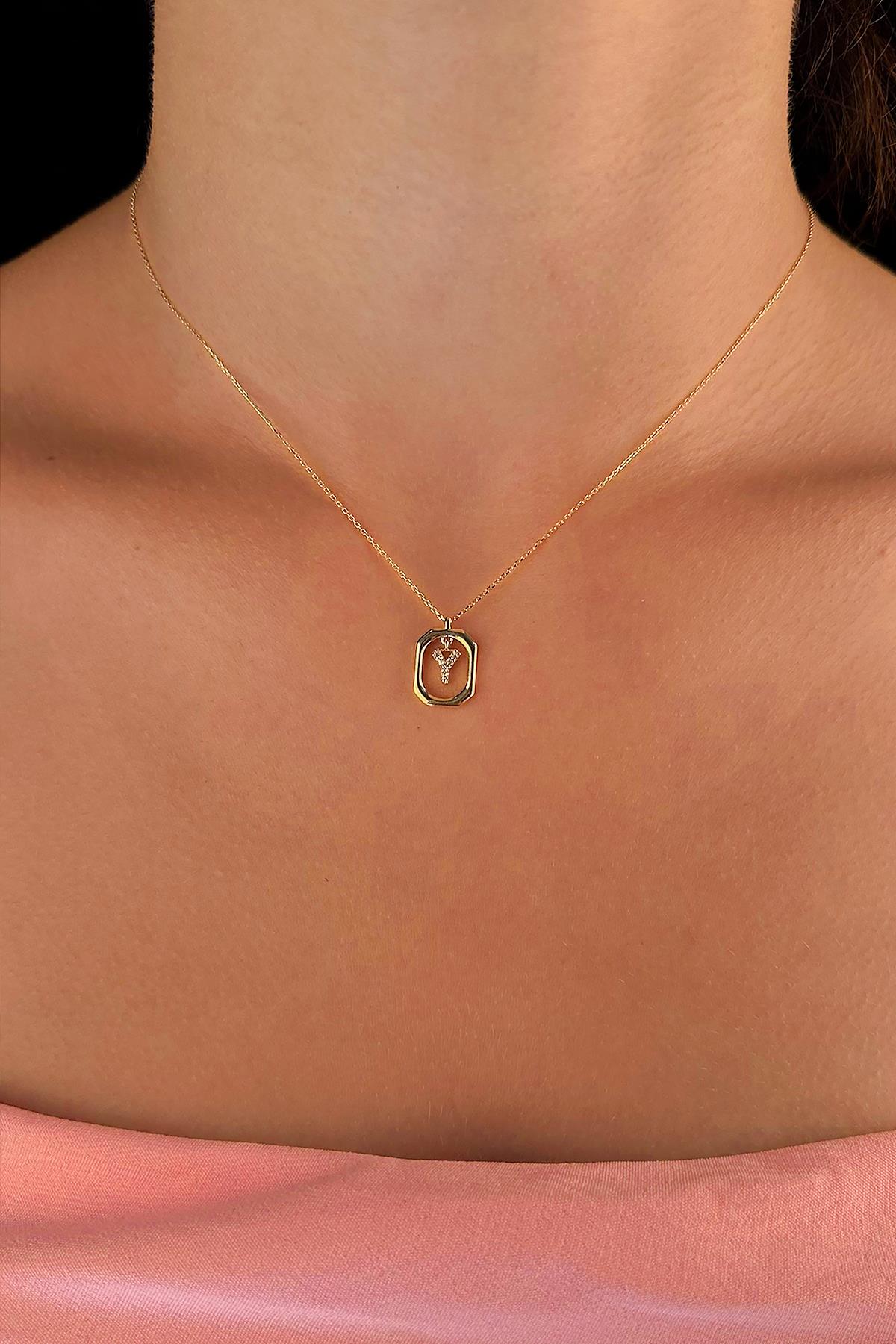 14K Gold Stone Y Initial Necklace