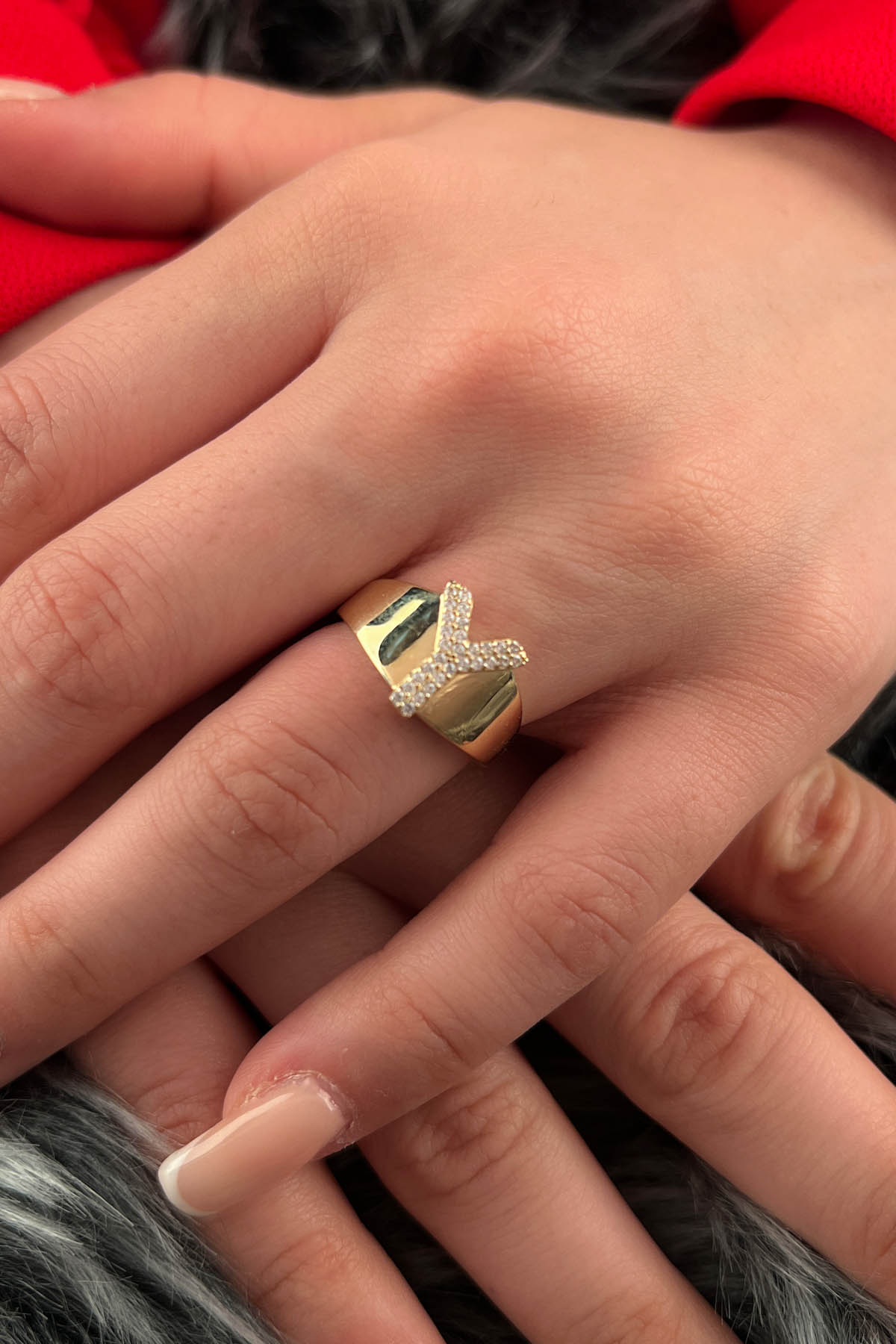 14K Gold Stone Y Initial Ring