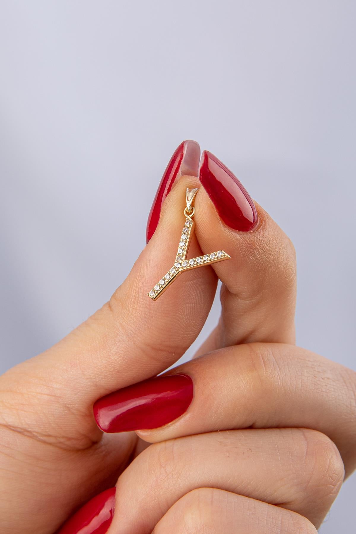 14K Gold Stone Y Letter Charm