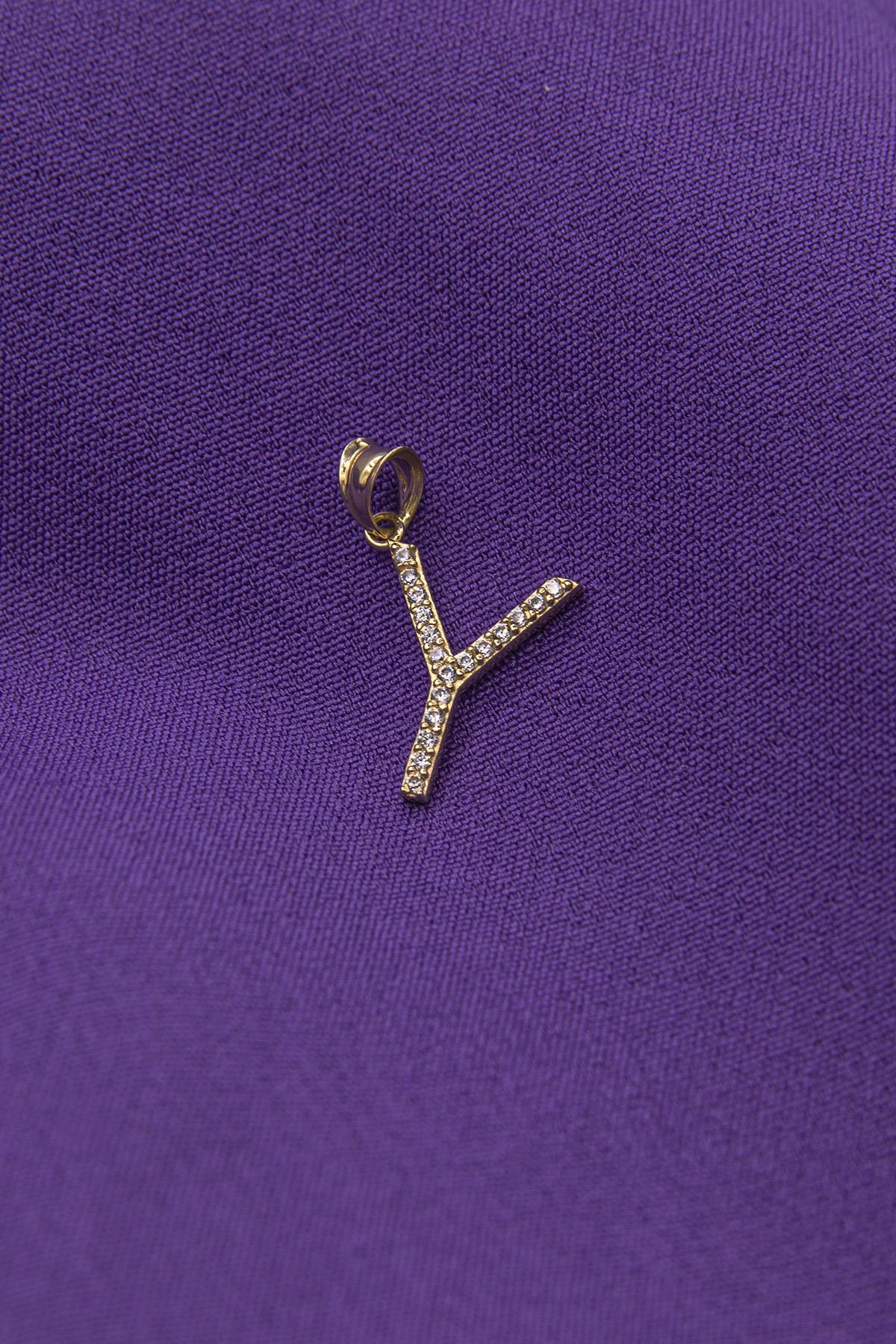 14K Gold Stone Y Letter Charm