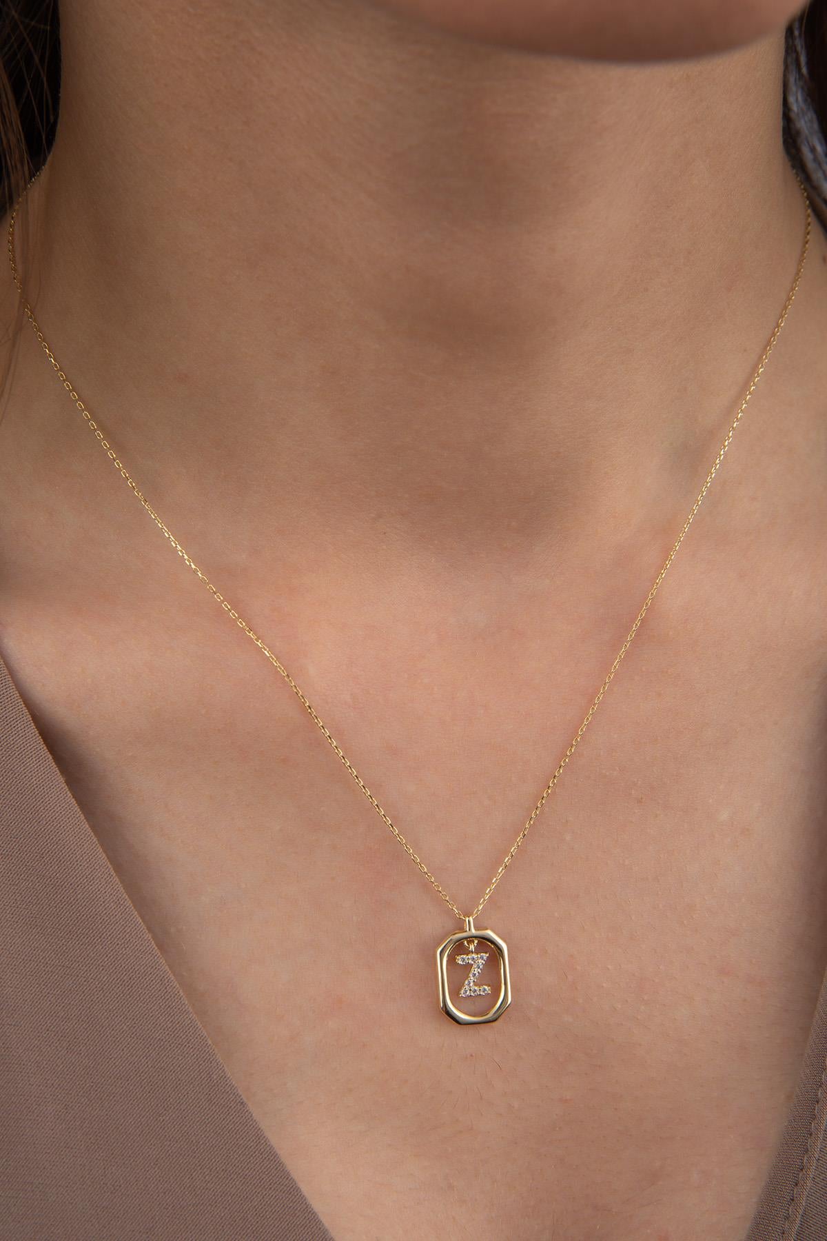 14K Gold Stone Z Letter Necklace