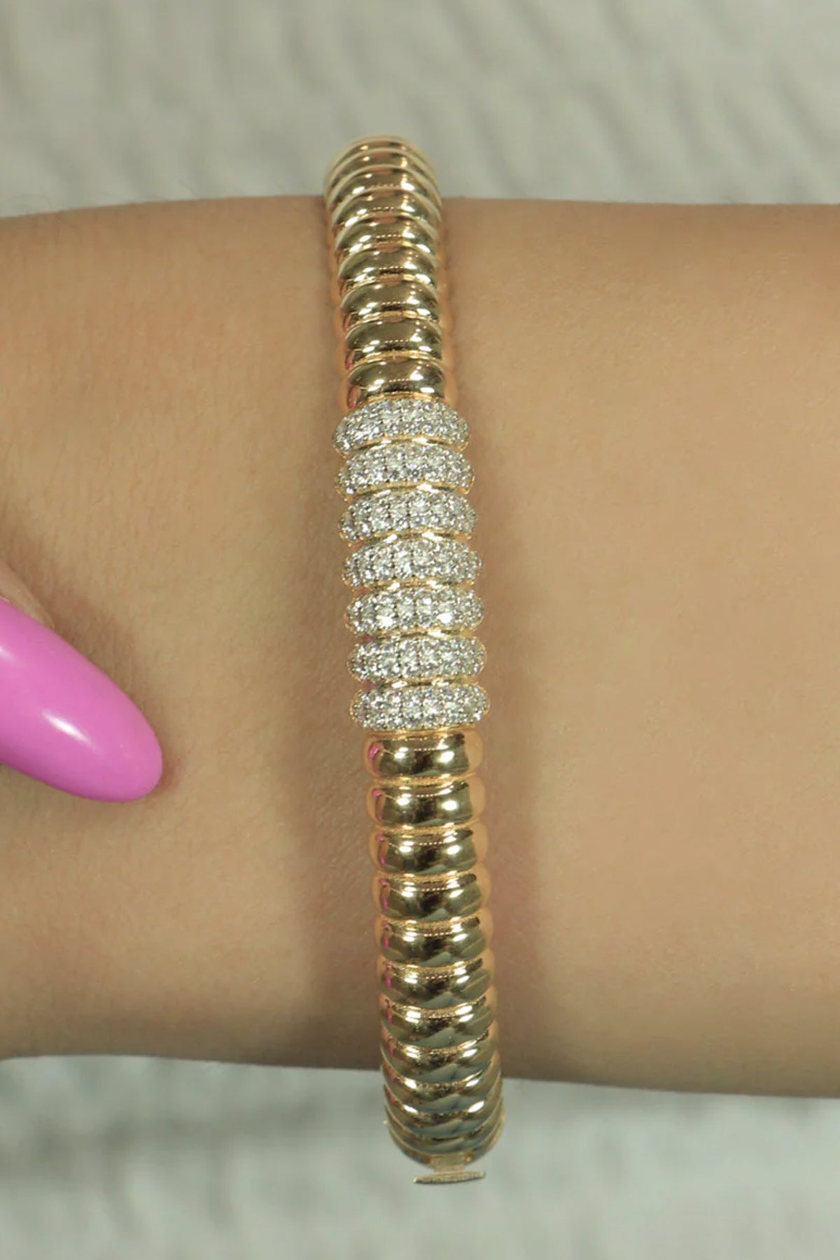 14K Solid Gold Stoned Accordion Bangle Bracelet