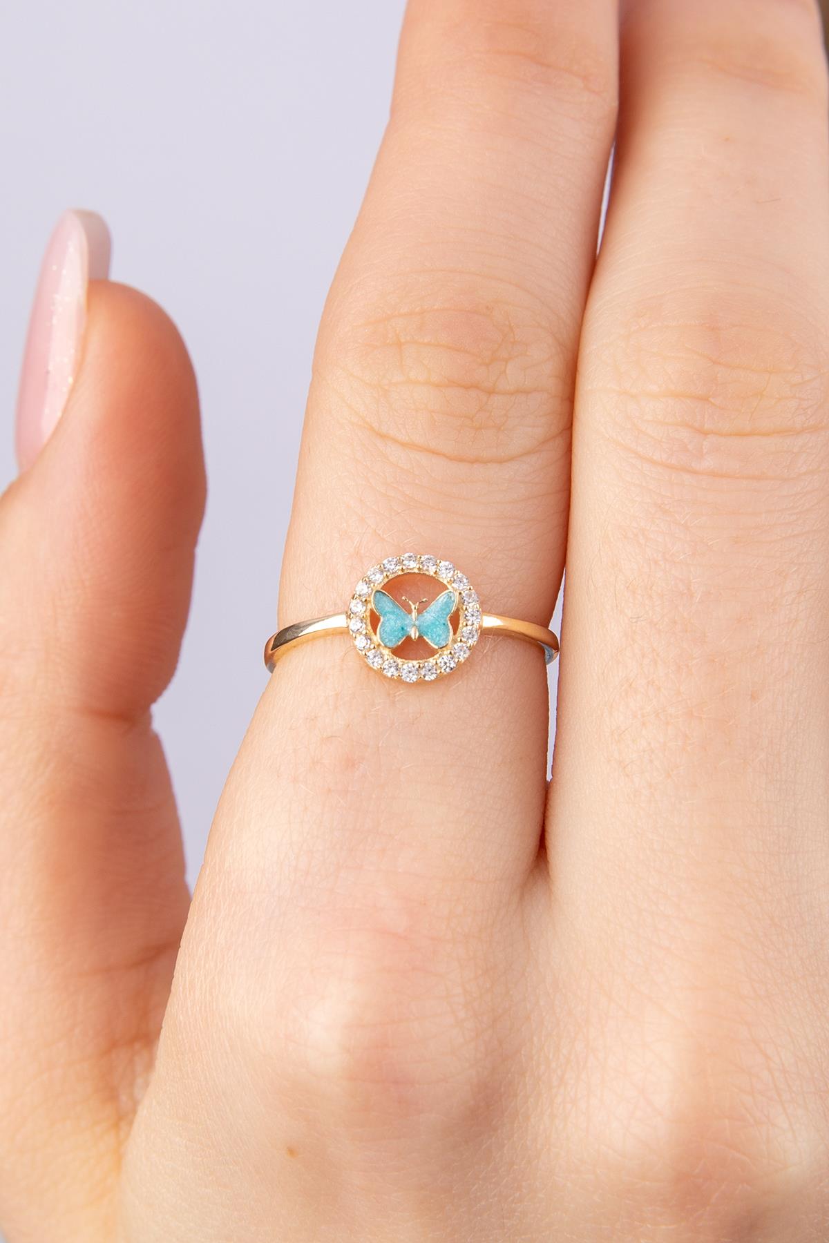 14K Gold Stoned Blue Enamel Butterfly Ring With Stone