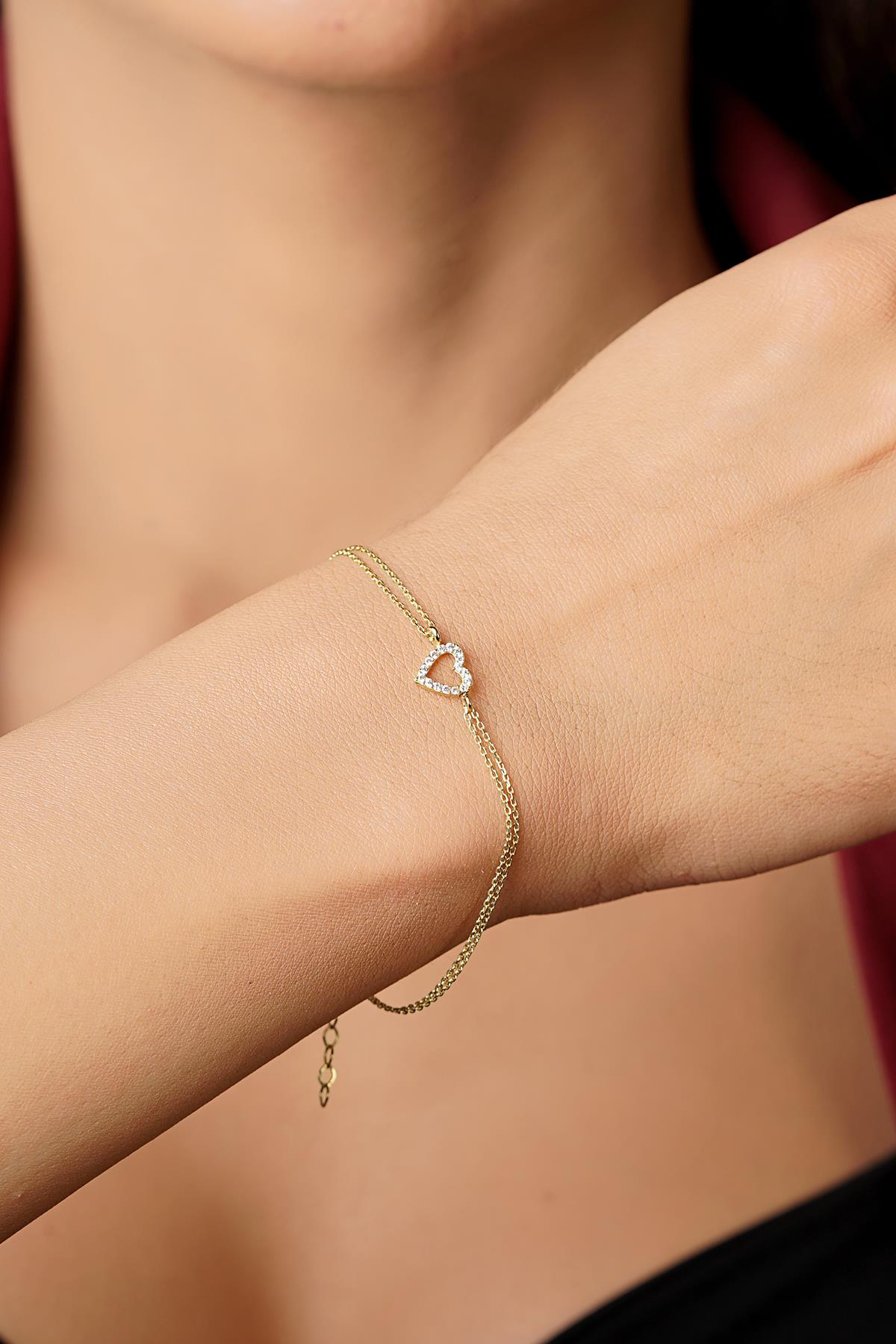 14K Gold Stoned Heart Shape Bracelet