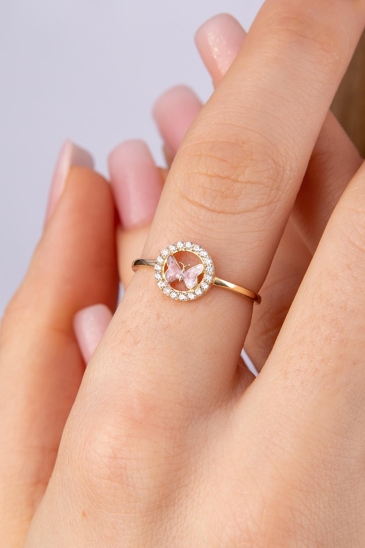 14K Gold Stoned Pink Enamel Butterfly Ring With Stone