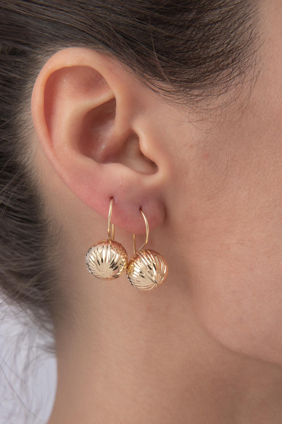 14K Gold Straight Patterned Euroball Earrings ( Big )