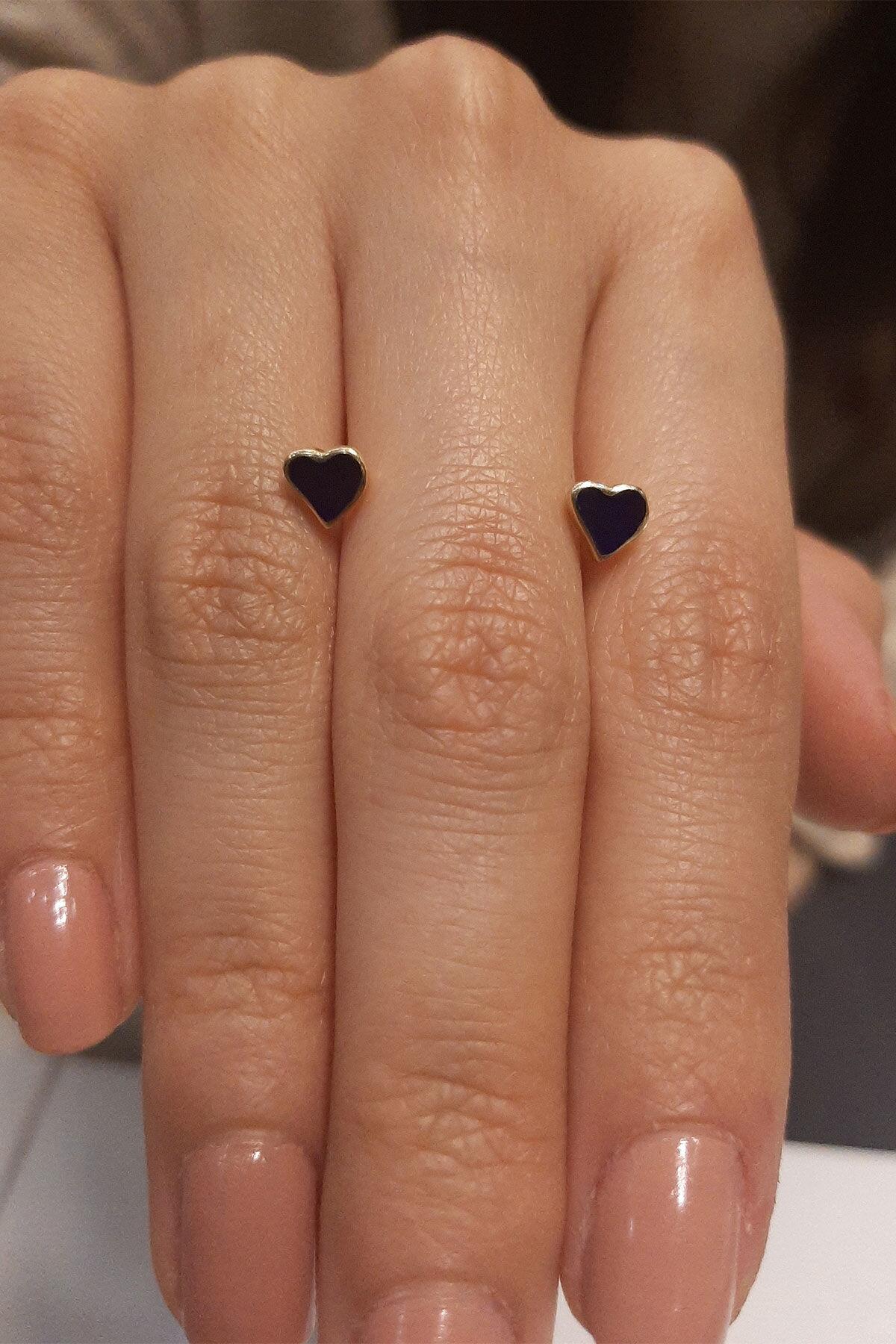 14K Gold Stud Blue Enamel Heart Earrings