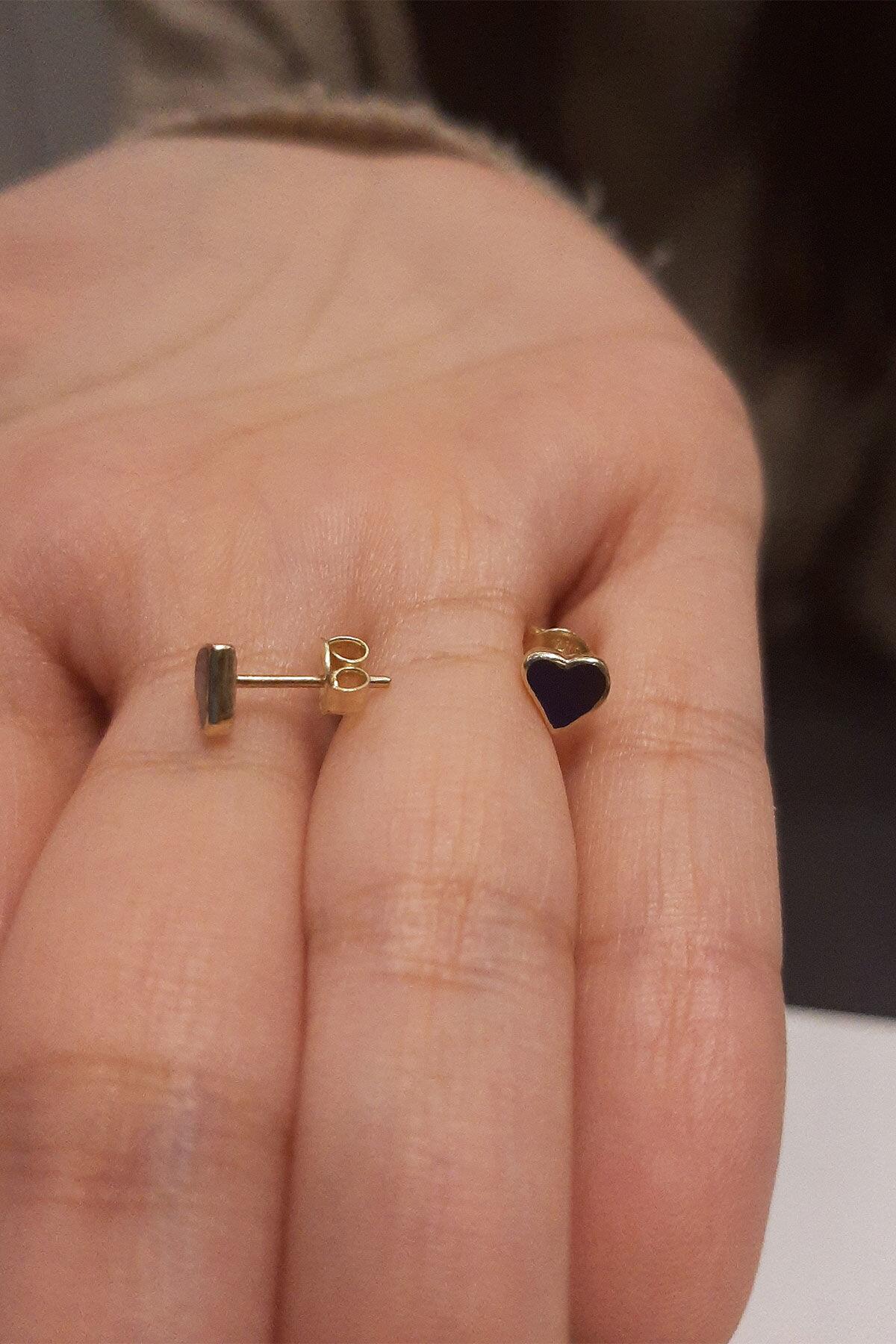 14K Gold Stud Blue Enamel Heart Earrings
