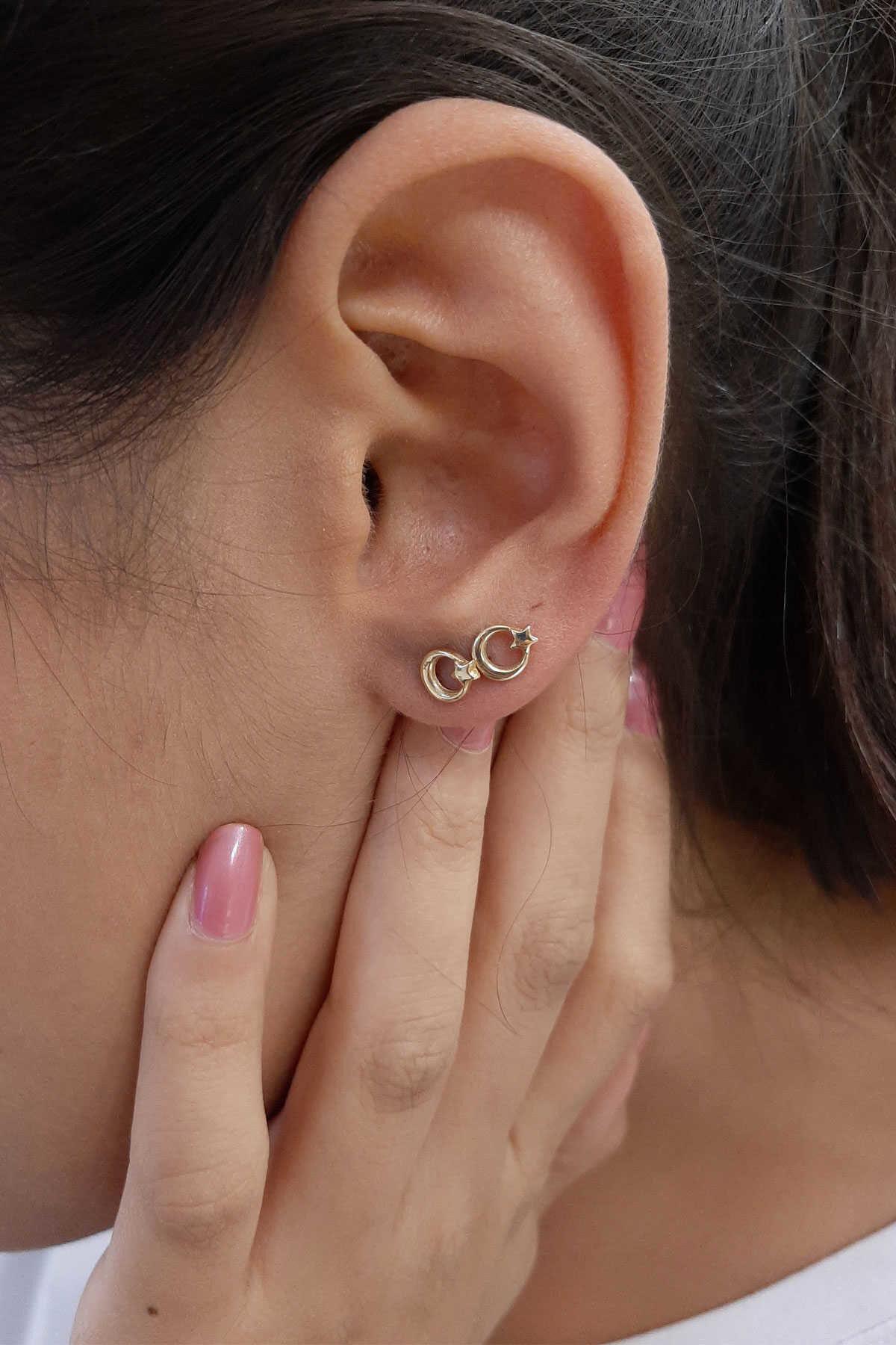 14K Gold Stud Moon Star Earrings