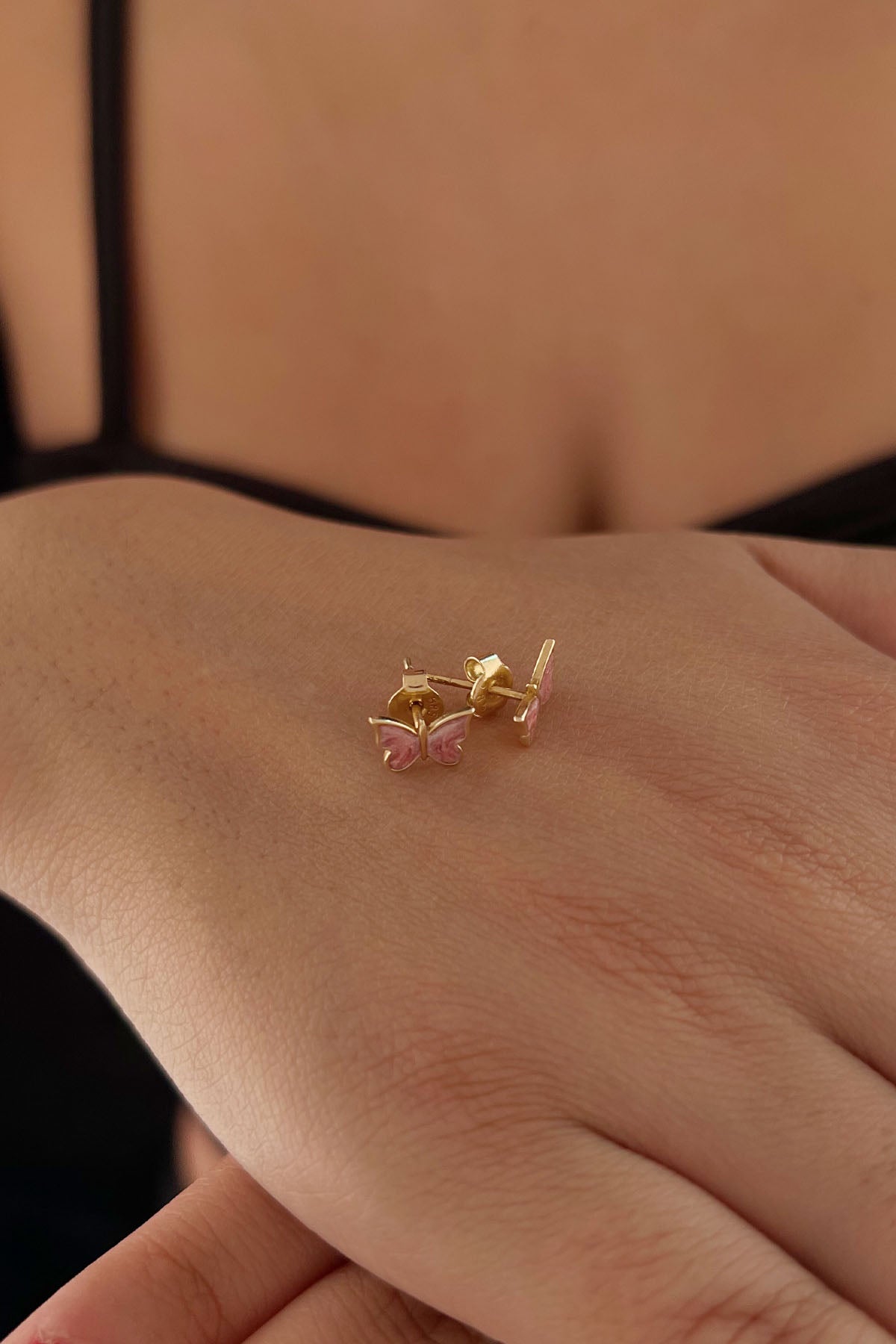 14K Solid Gold Stud Pink Enamel Butterfly Shape Earrings