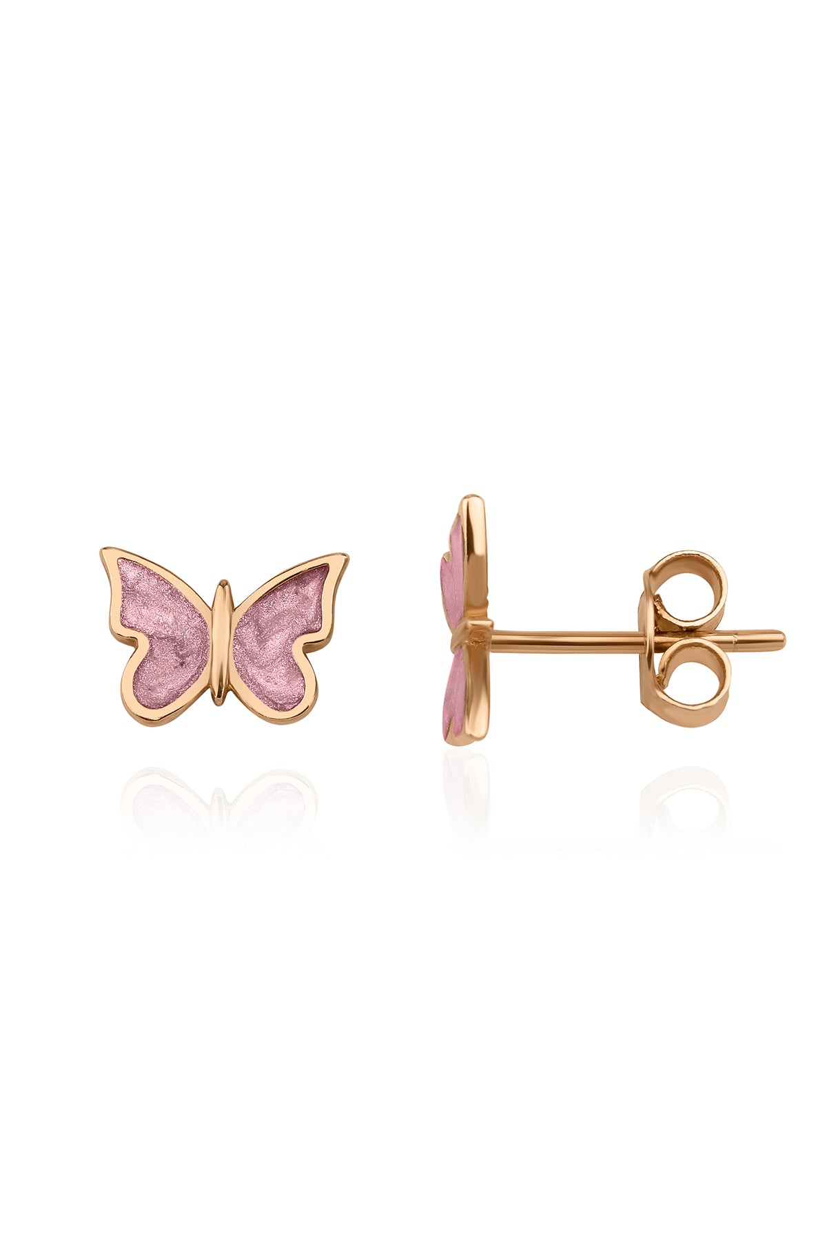 14K Gold Stud Pink Enamel Butterfly Shape Earrings
