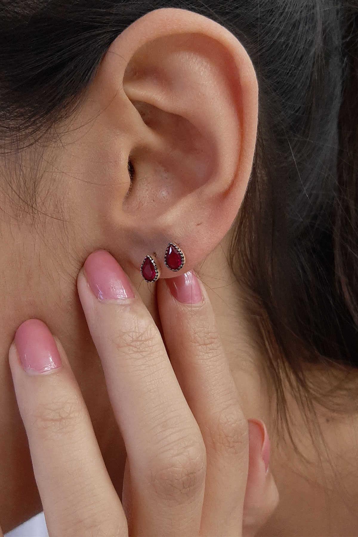 14K Gold Stud Ruby Stone Drop Shape Earrings