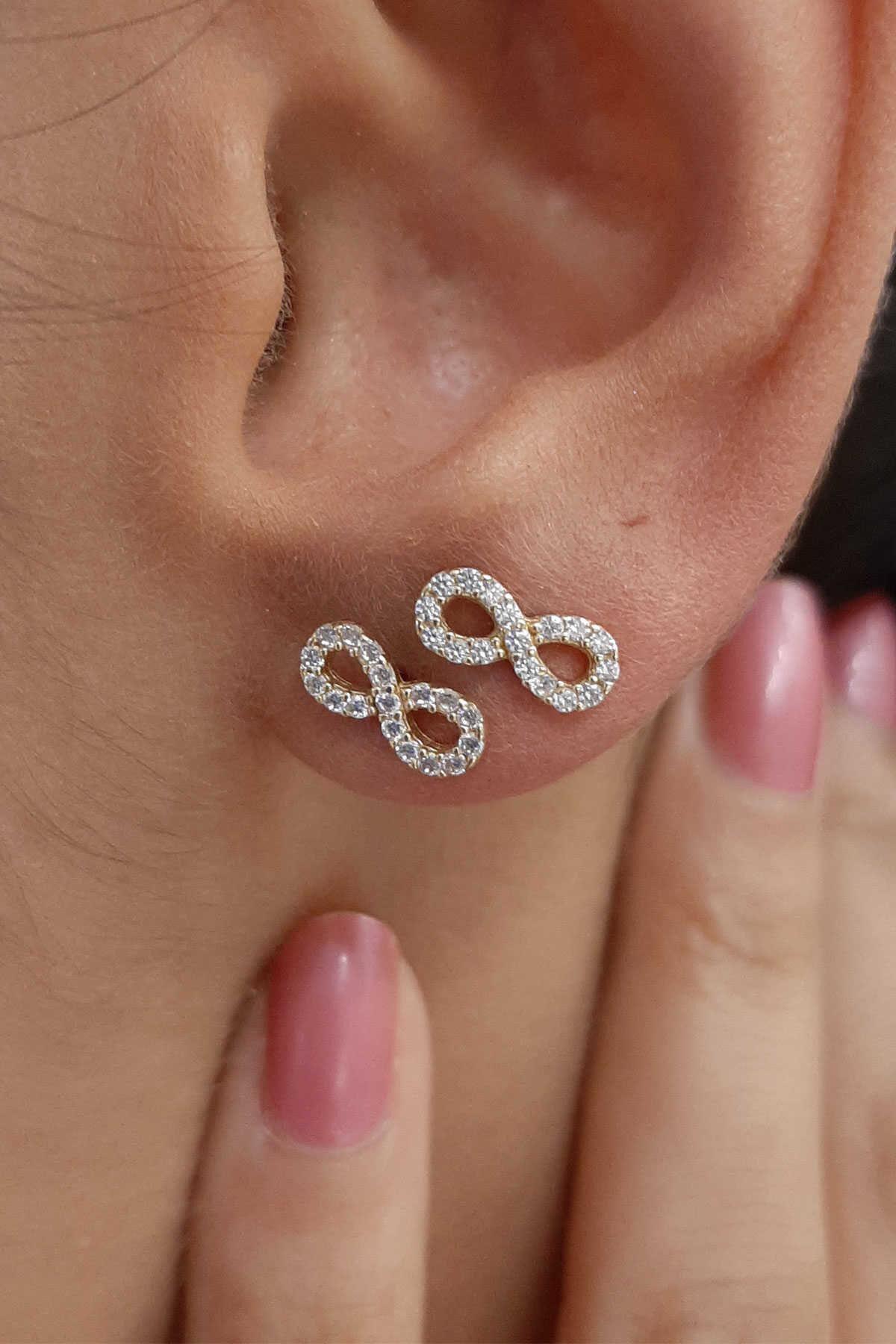 14K Gold Stud Stone İnfinity Earrings