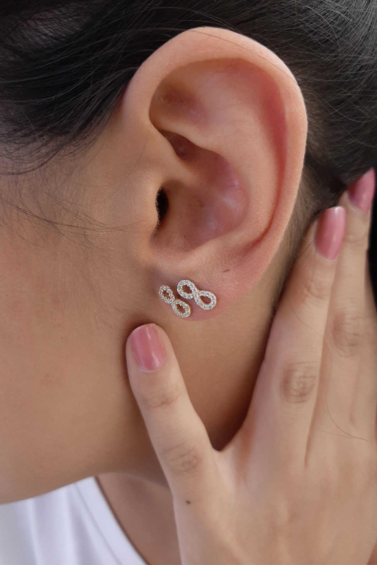 14K Gold Stud Stone İnfinity Earrings