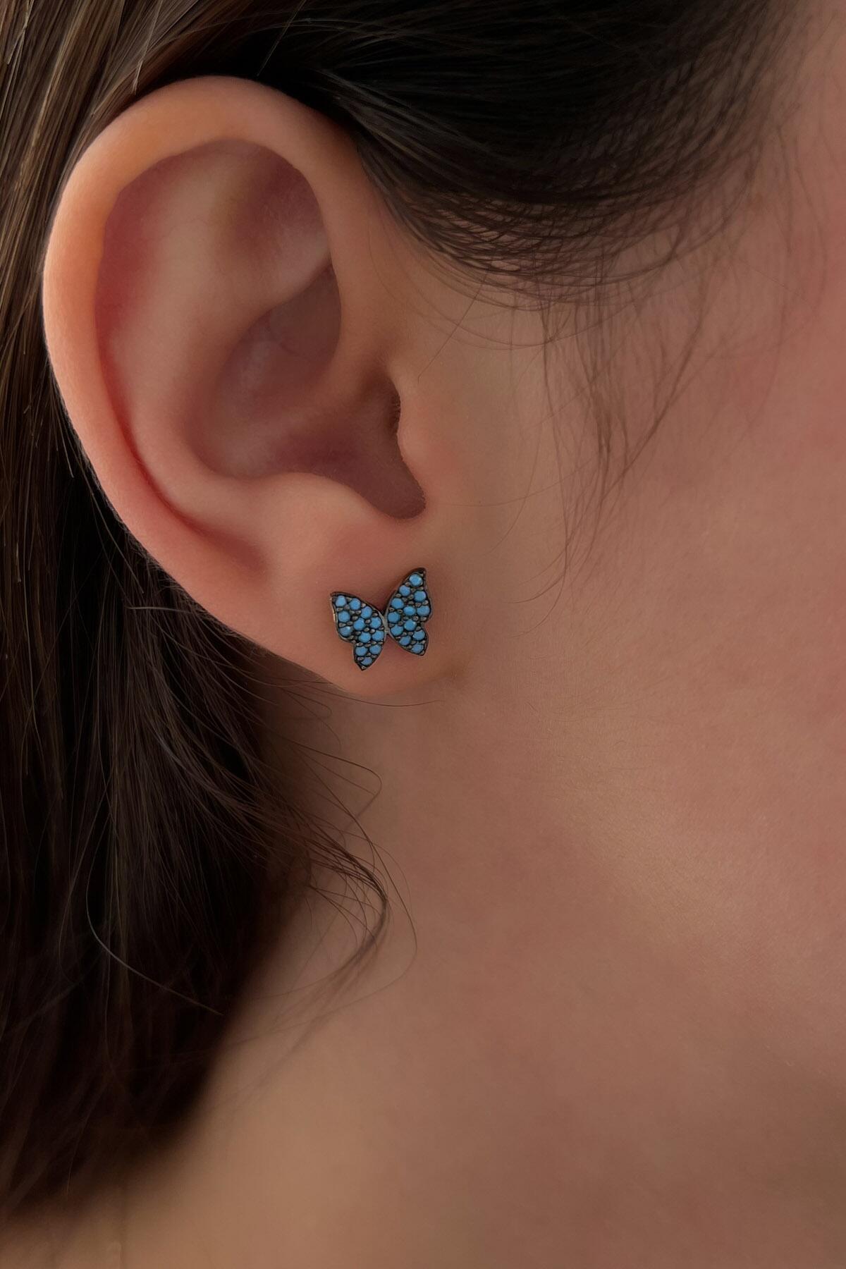 14K Gold Stud Turquoise Stone Butterfly Shape Earrings