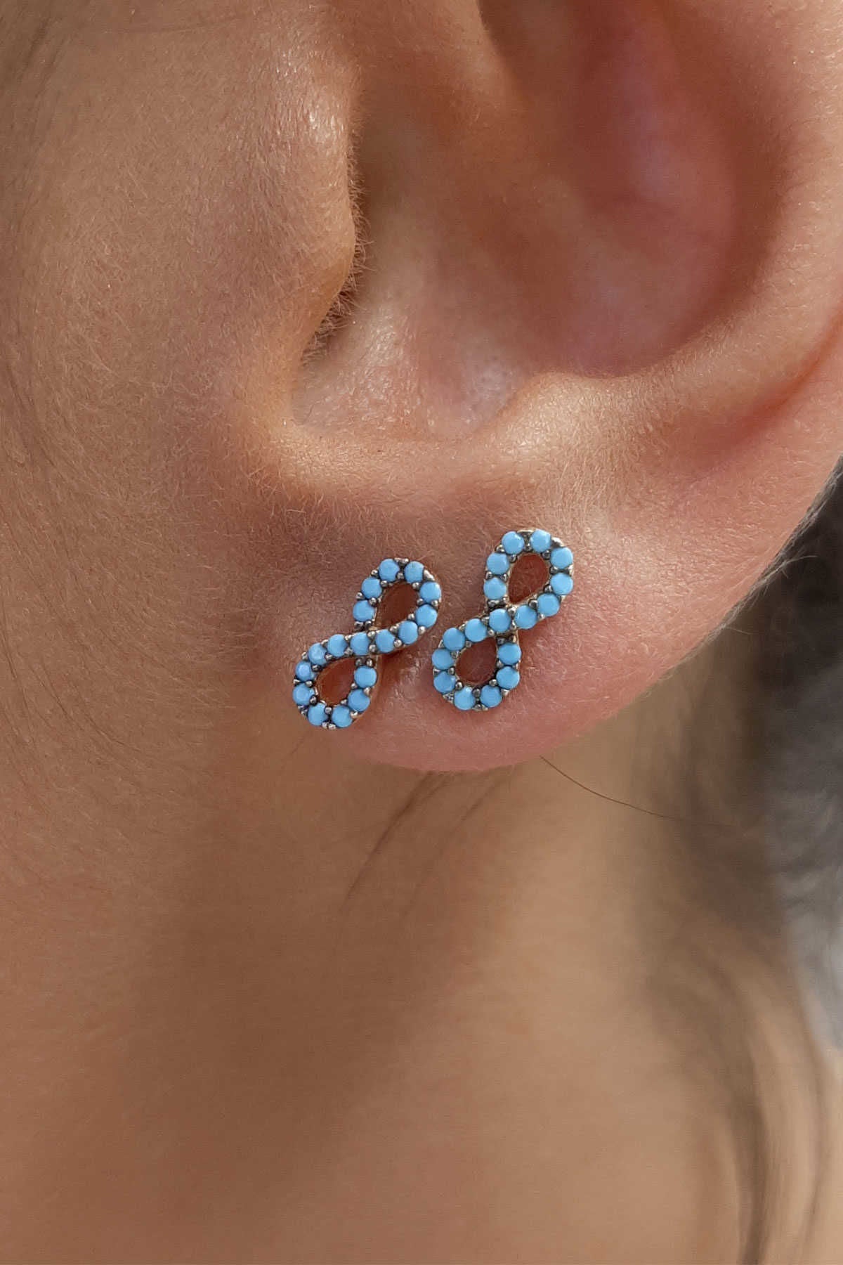 14K Gold Stud Turquoise Stone İnfinity Shape Earrings