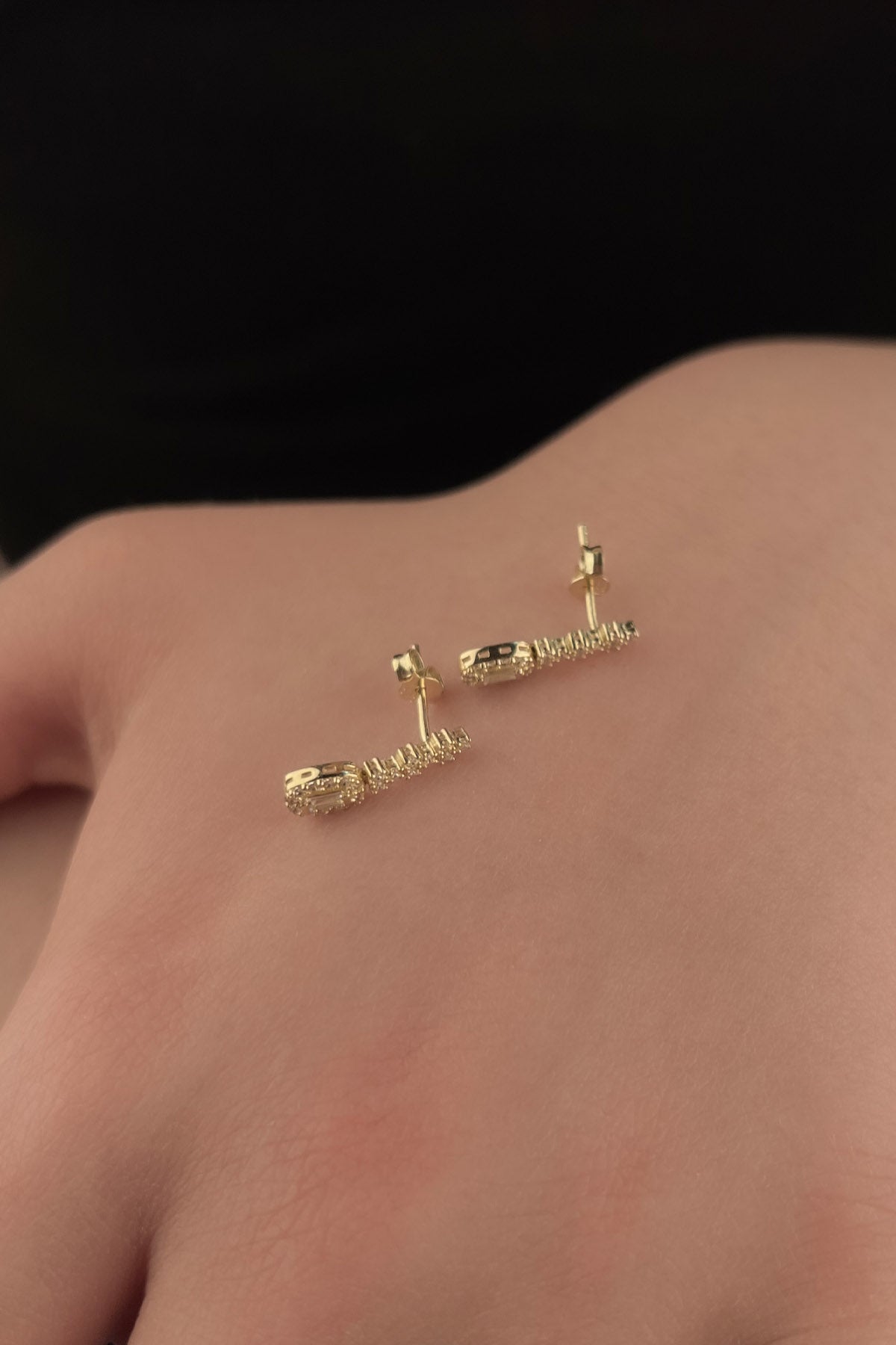 14K Solid Gold Stud White Baguette Stone Drop Earrings
