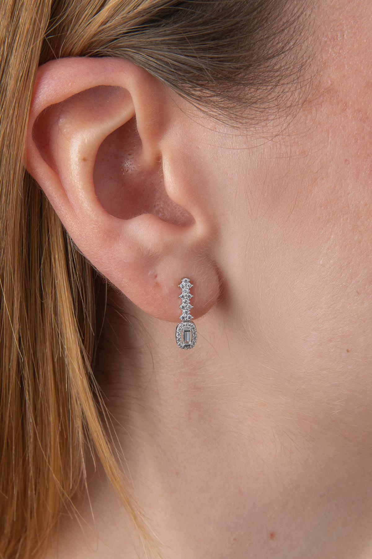 14K Solid Gold Stud White Baguette Stone Drop Earrings