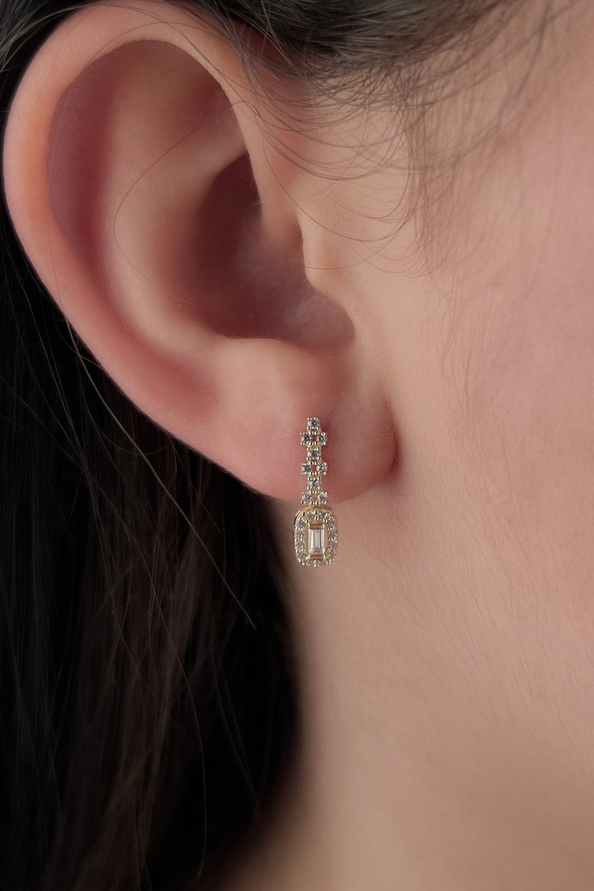 14K Gold Stud White Baguette Stone Drop Earrings