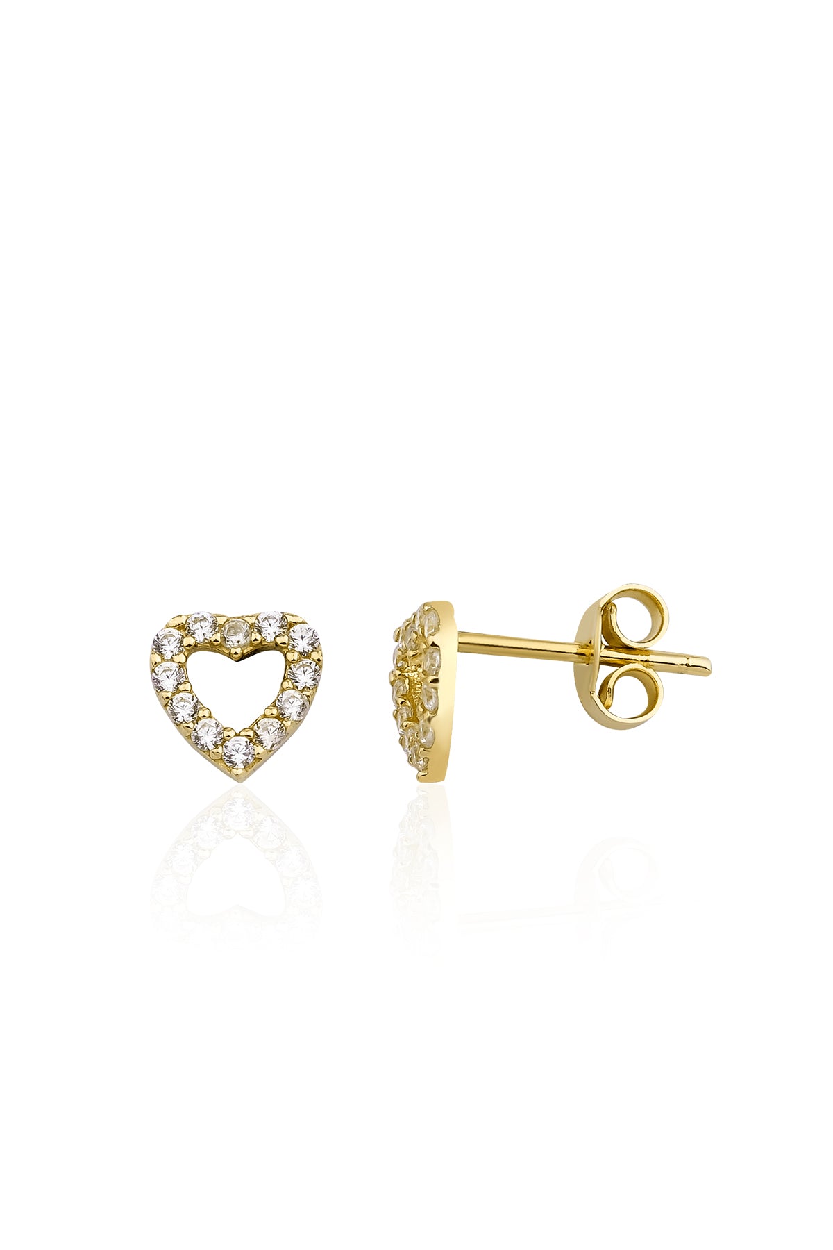 14K Gold Stud White Stone Heart Earrings
